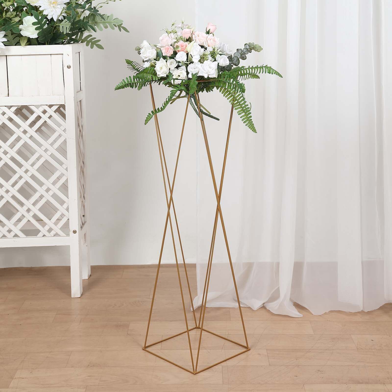 2-Pack Gold Metal Geometric Crisscross Open Column Pedestal Stands for Wedding Centerpieces, 32 Inches