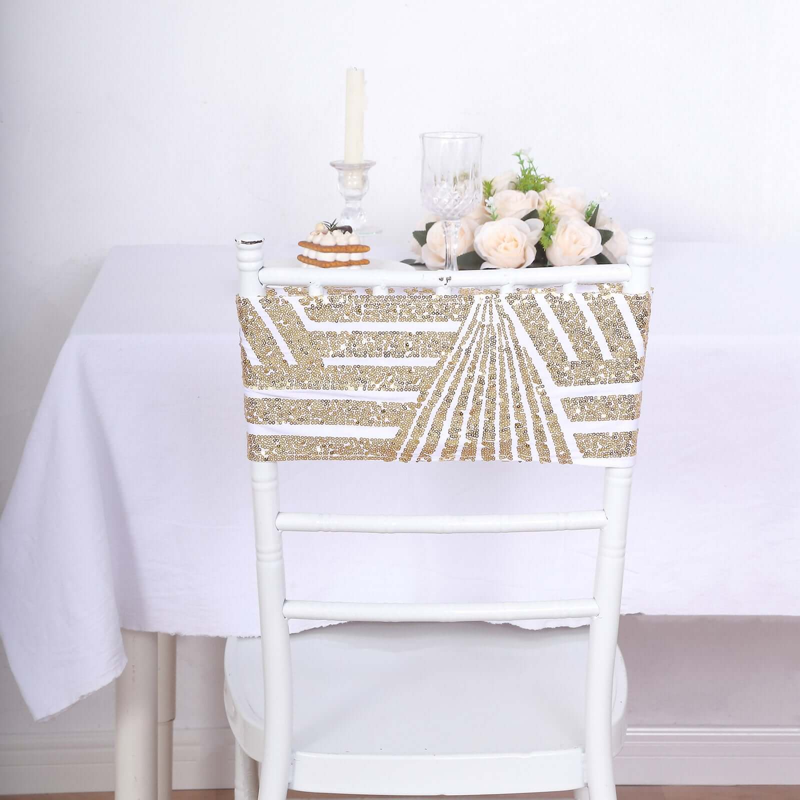 Hot Sale! 5-Pack White Sequin Spandex Chair Sashes with Gold Geometric Diamond Pattern for High-End Events