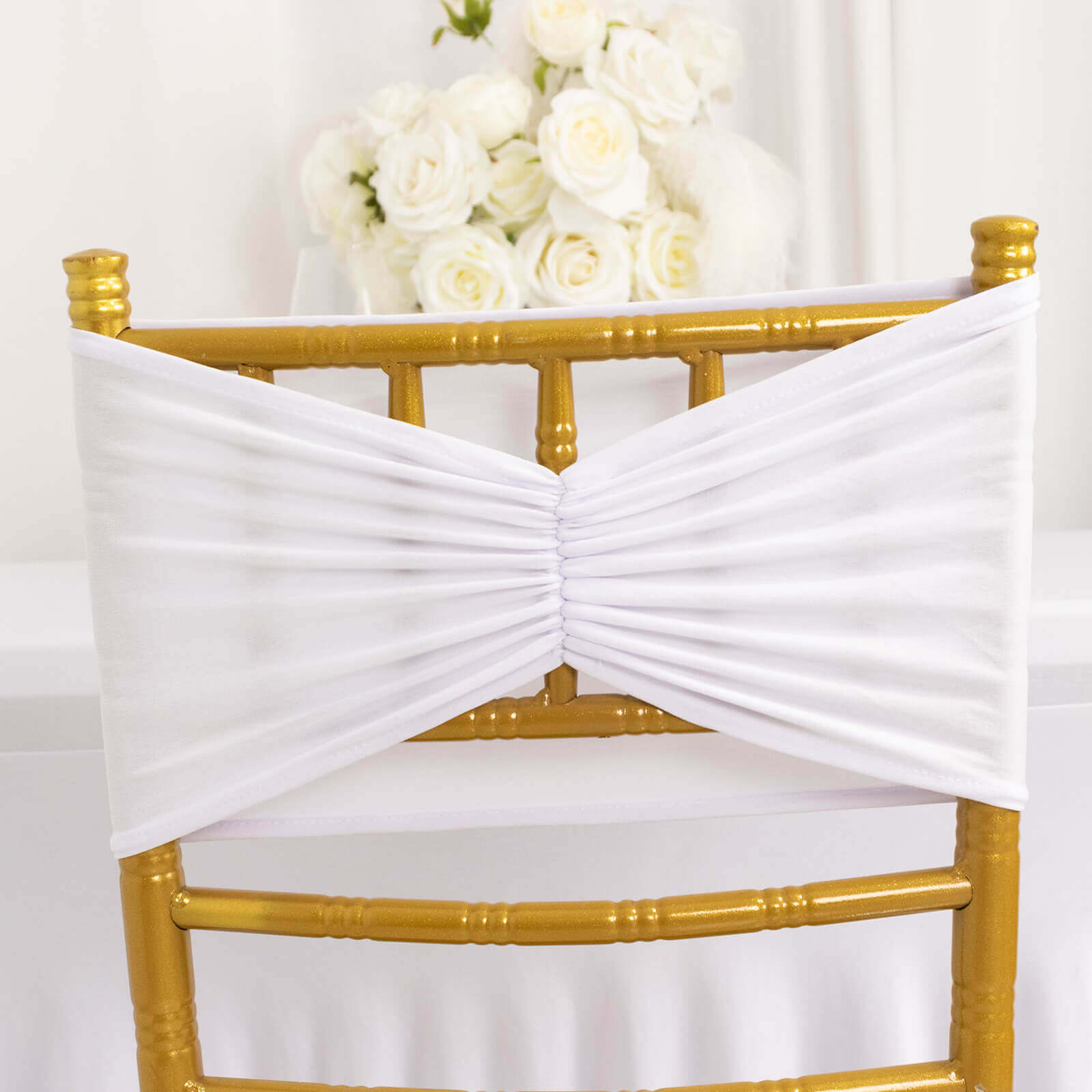 5-Pack White Ruffled Spandex Chair Sashes - Wide Stretch Bands for Elegant Weddings and Events