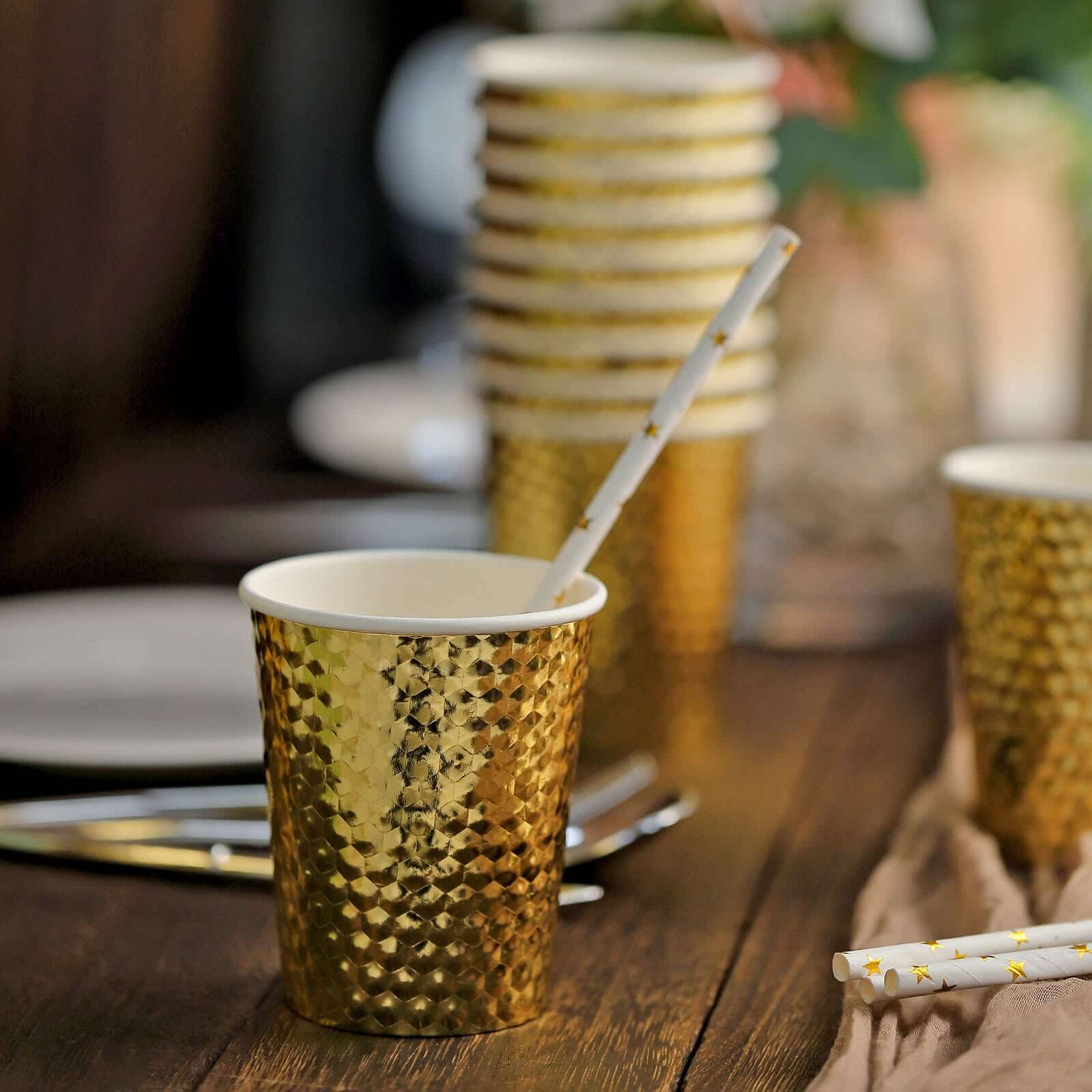 24-Pack Gold Foil Honeycomb Design Disposable Paper Cups - 10oz for Hot & Cold Drinks, Ideal for Parties