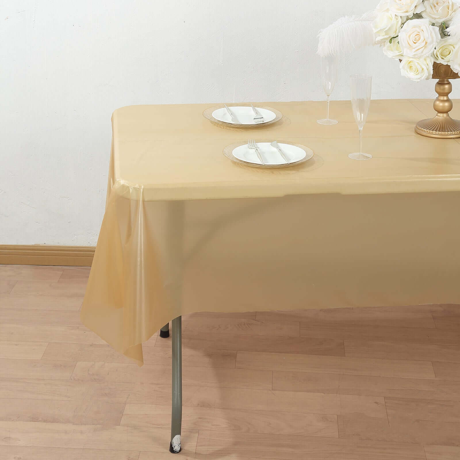 Customizable Gold Plastic Table Cover Roll with Slide Cutter - Great for Events!