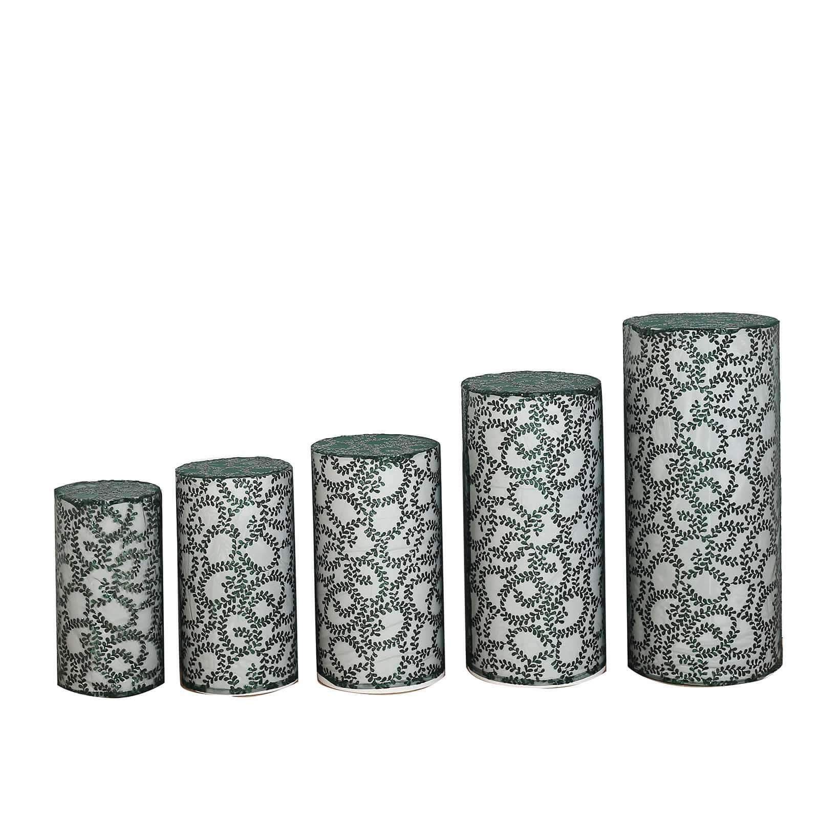 Hot Deal! Set of 5 Sparkly Hunter Emerald Green Sequin Mesh Cylinder Pedestal Stand Covers with Leaf Vine Embroidery