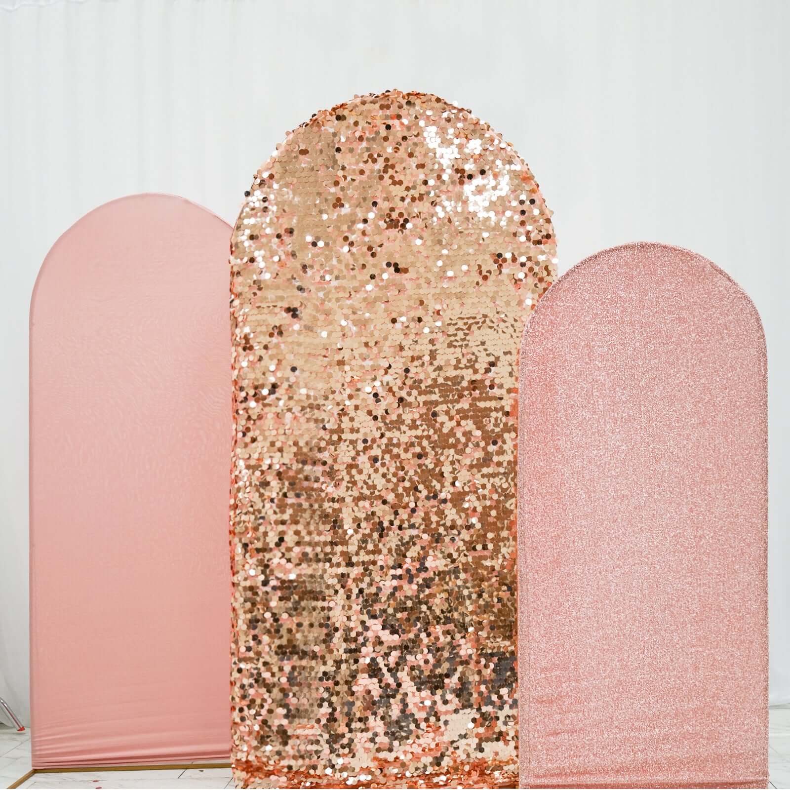 3-Piece Rose Gold Wedding Arch Frame Covers: Sequin, Tinsel & Spandex