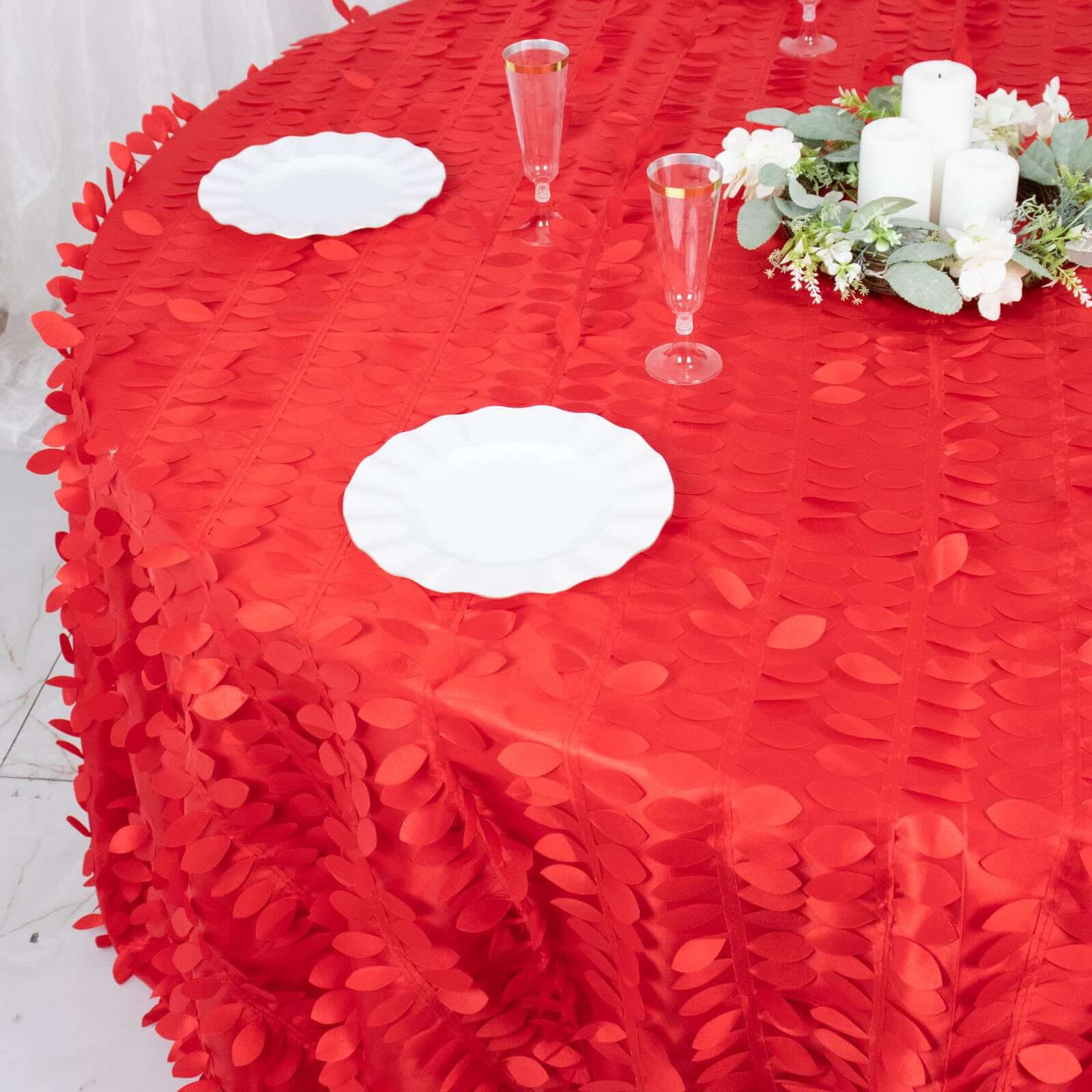 Hot Sale! Red 132-Inch Round Taffeta Tablecloth with 3D Leaf Petal Design