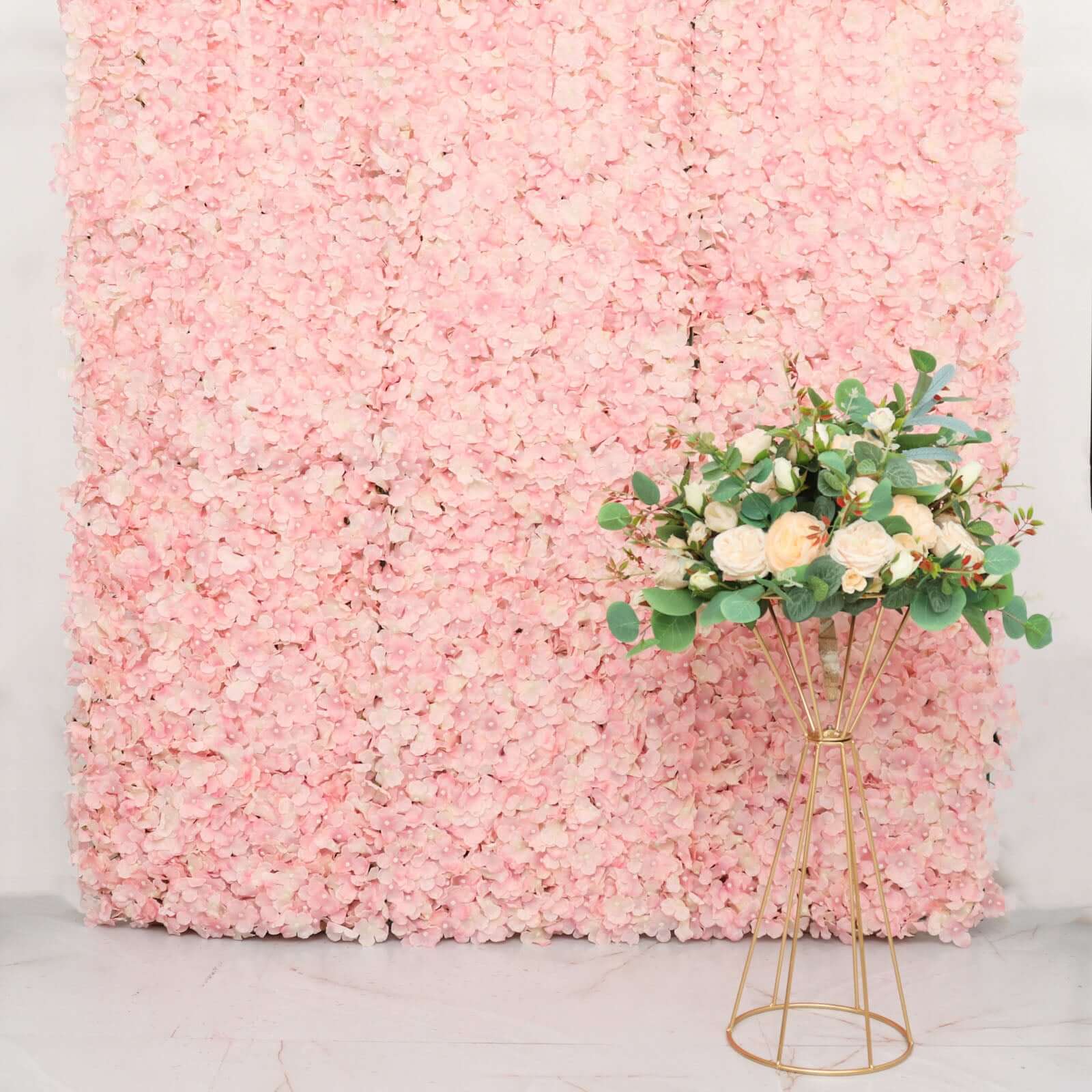 11 Sq ft. UV-Protected Blush Artificial Hydrangea Flower Wall Mat Backdrop - Set of 4 Panels