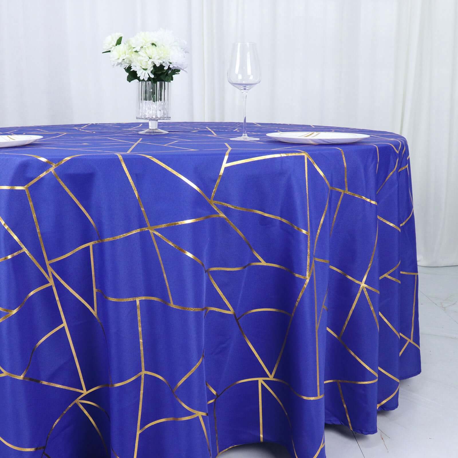 Wrinkle-Resistant Seamless Royal Blue Polyester Round Tablecloth with Gold Foil Geometric Design, 120' Dia.