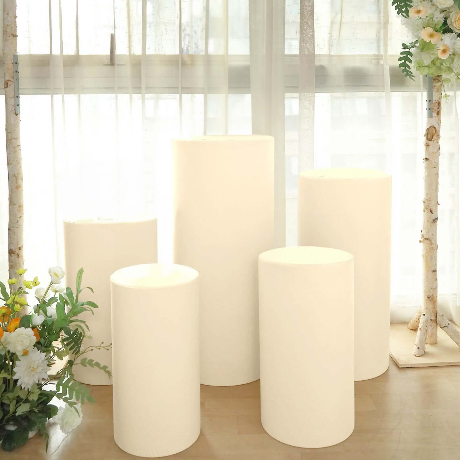 Hot Deal! Set of 5 Stretchable Beige Spandex Cylinder Pedestal Stand Covers, 160 GSM