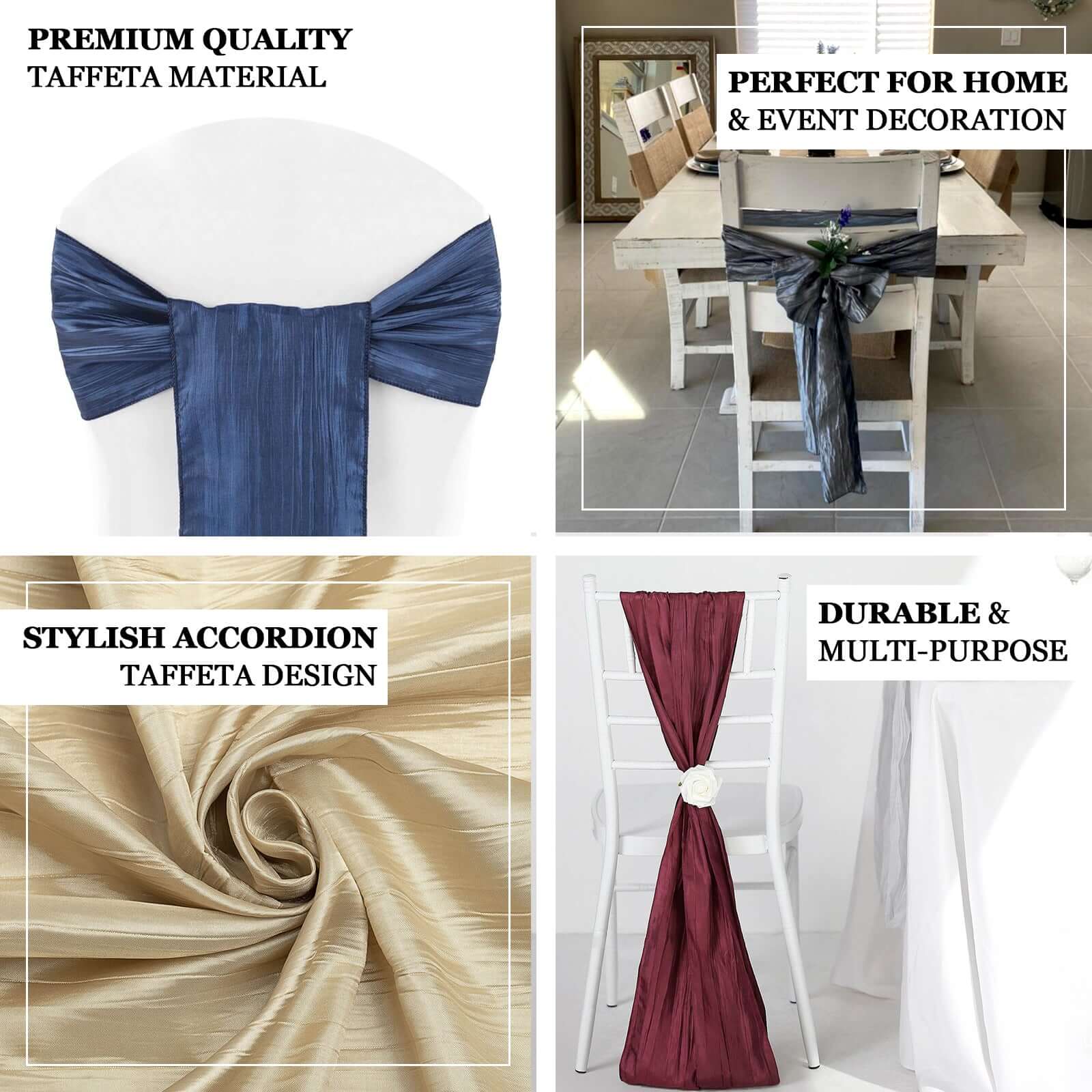Gold Taffeta Chair Sashes - 5 Pack for Weddings & Events, Accordion Crinkle Style