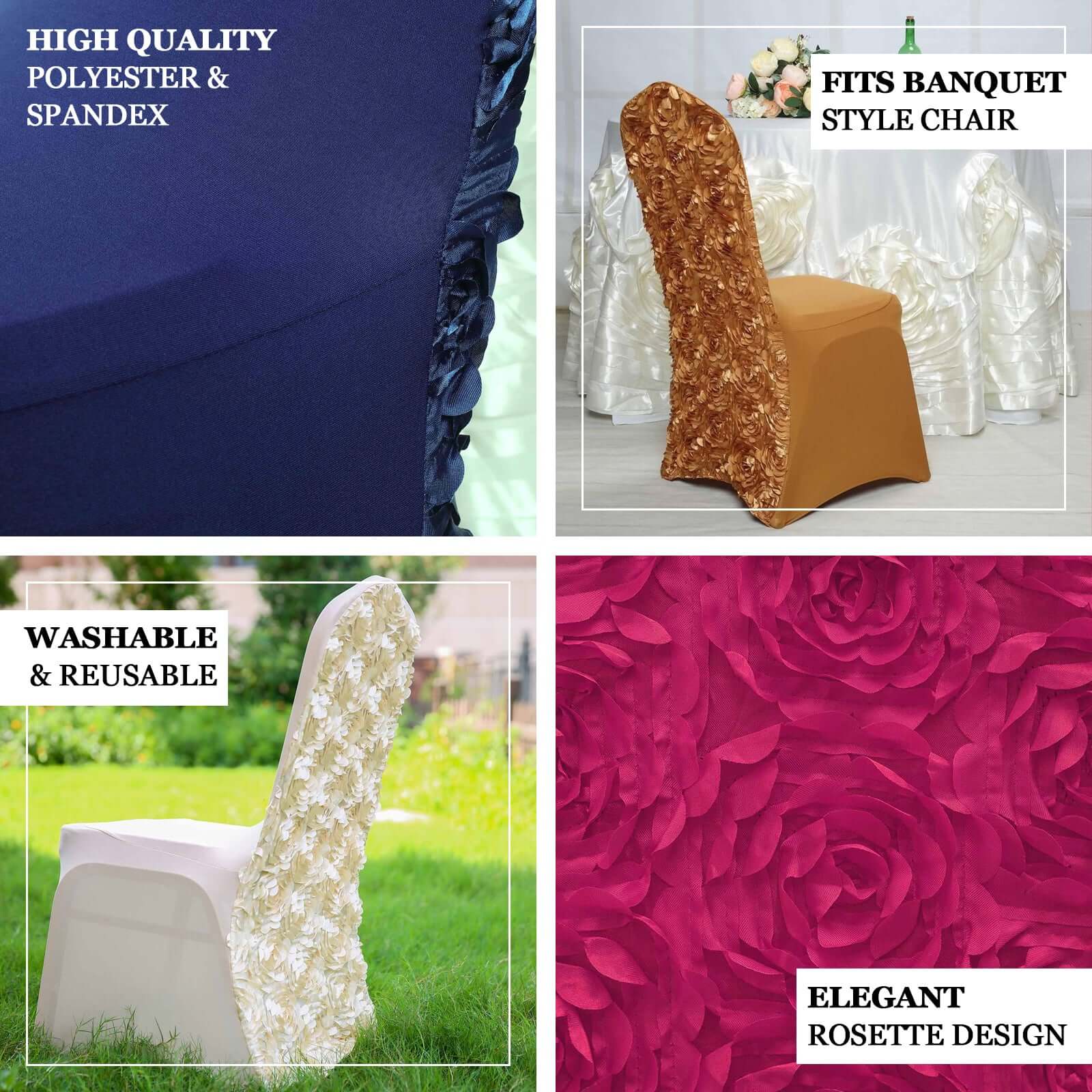 Hot Sale! Stretch Fitted Blush Satin Rosette Banquet Chair Slipcovers