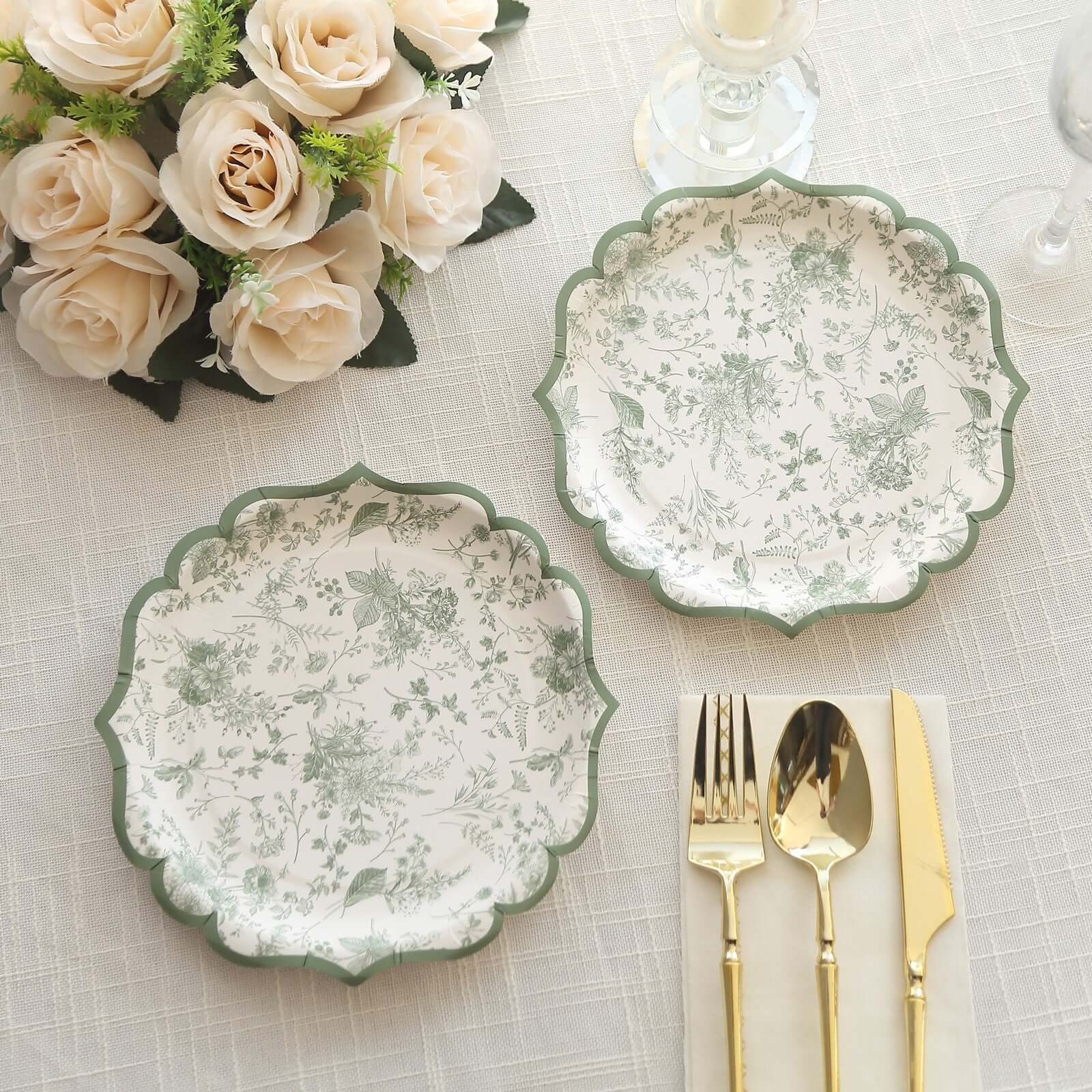 25-Piece Disposable White & Sage Green French Toile 8-Inch Round Dessert Plates for Stylish Tables