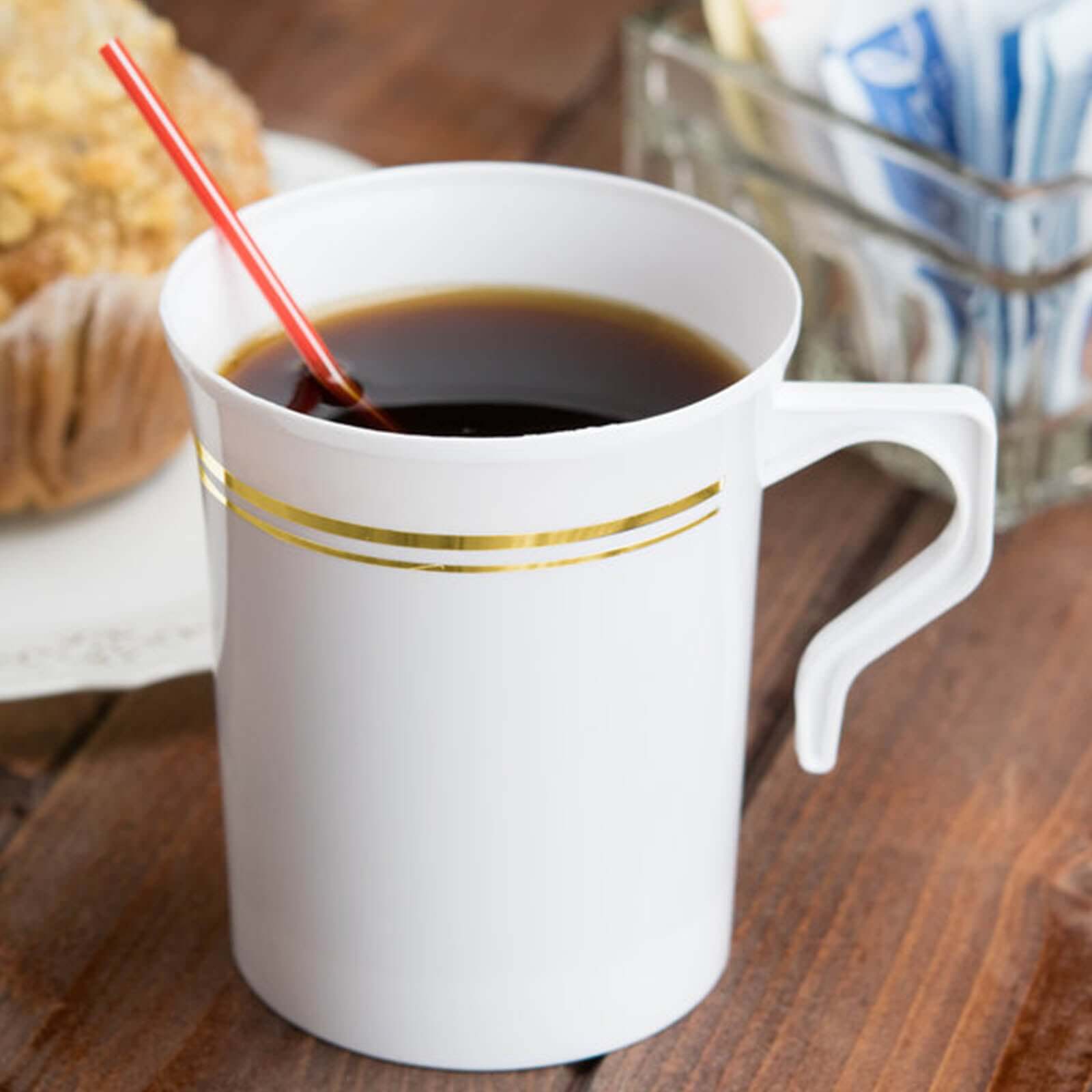 8-Piece Set of Disposable White Plastic Coffee Mugs with Gold Stripes - 8oz Sturdy Cups for Coffee & Tea