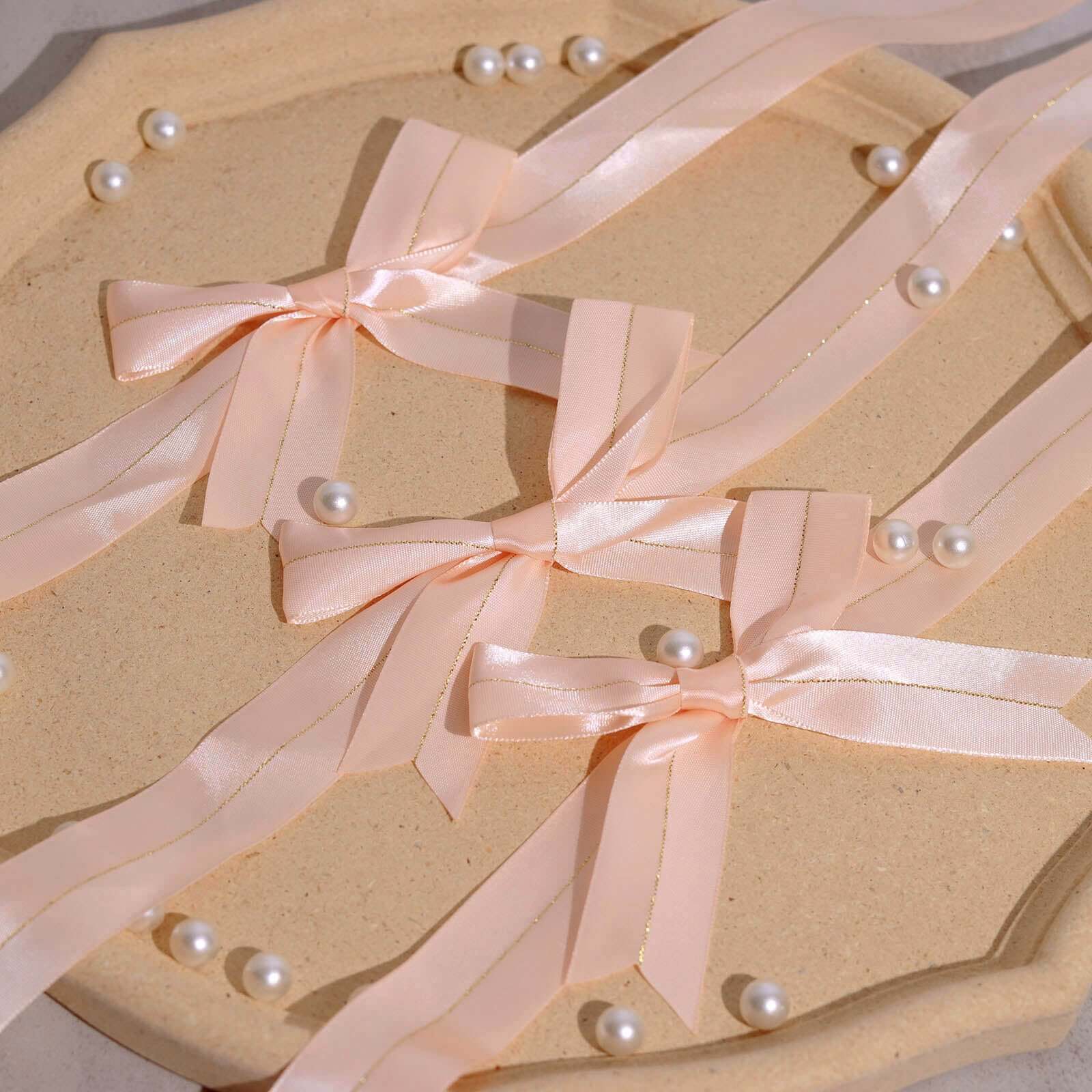 50 Pieces 10-Inch Blush Satin Pre-Tied Ribbon Bows with Gold Foil Lining for Party Decor