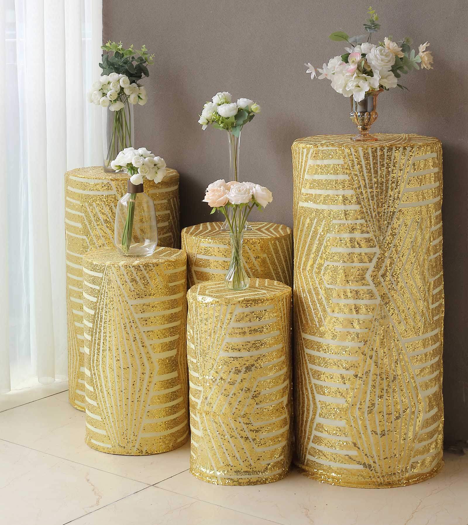 Sparkling Gold Sequin Mesh Geometric Pattern Cylinder Pedestal Stand Covers - Set of 5