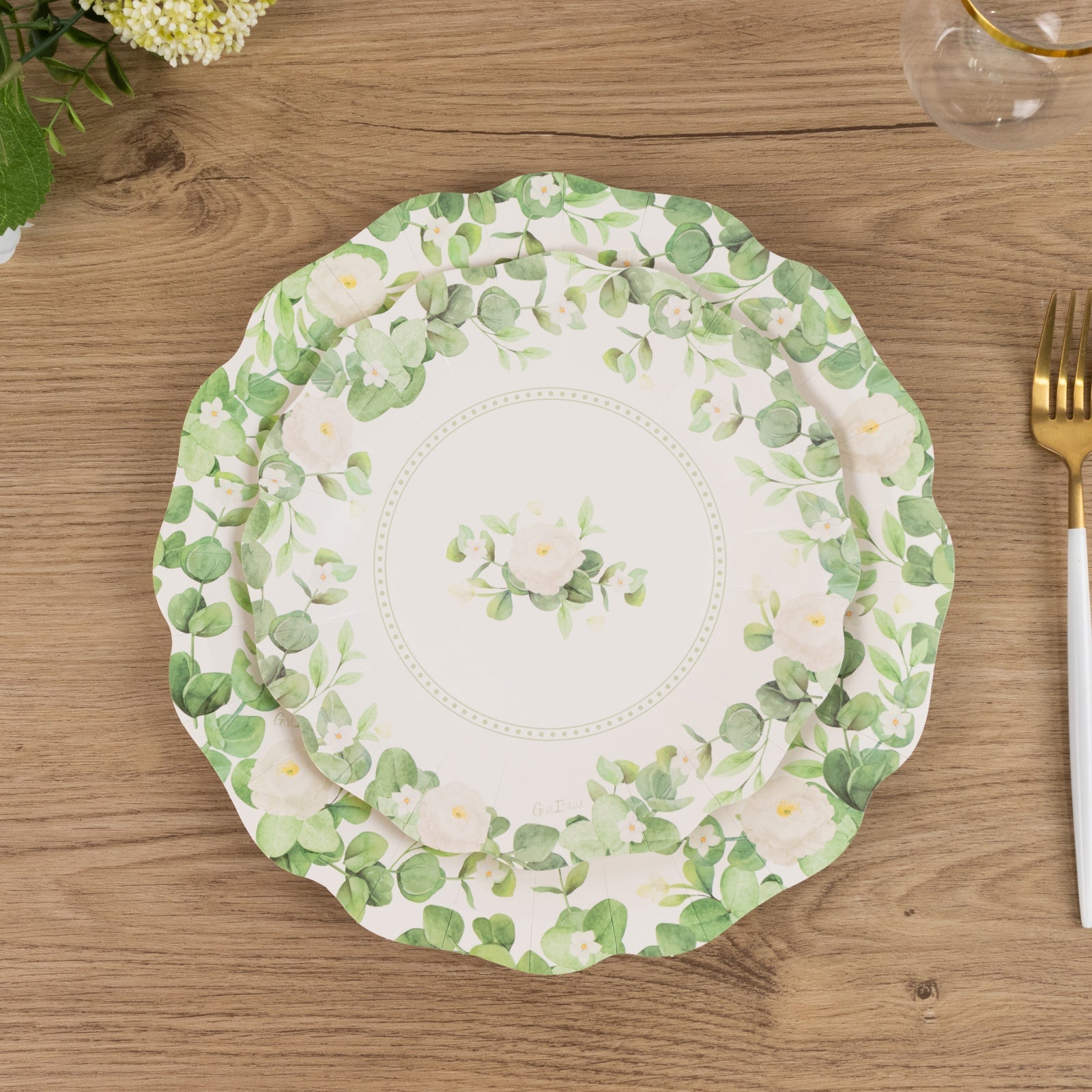 25-Pack Disposable 8-Inch White Floral Greenery Scalloped Edge Paper Dessert Plates - Ideal for Rustic Weddings & Garden Brunches