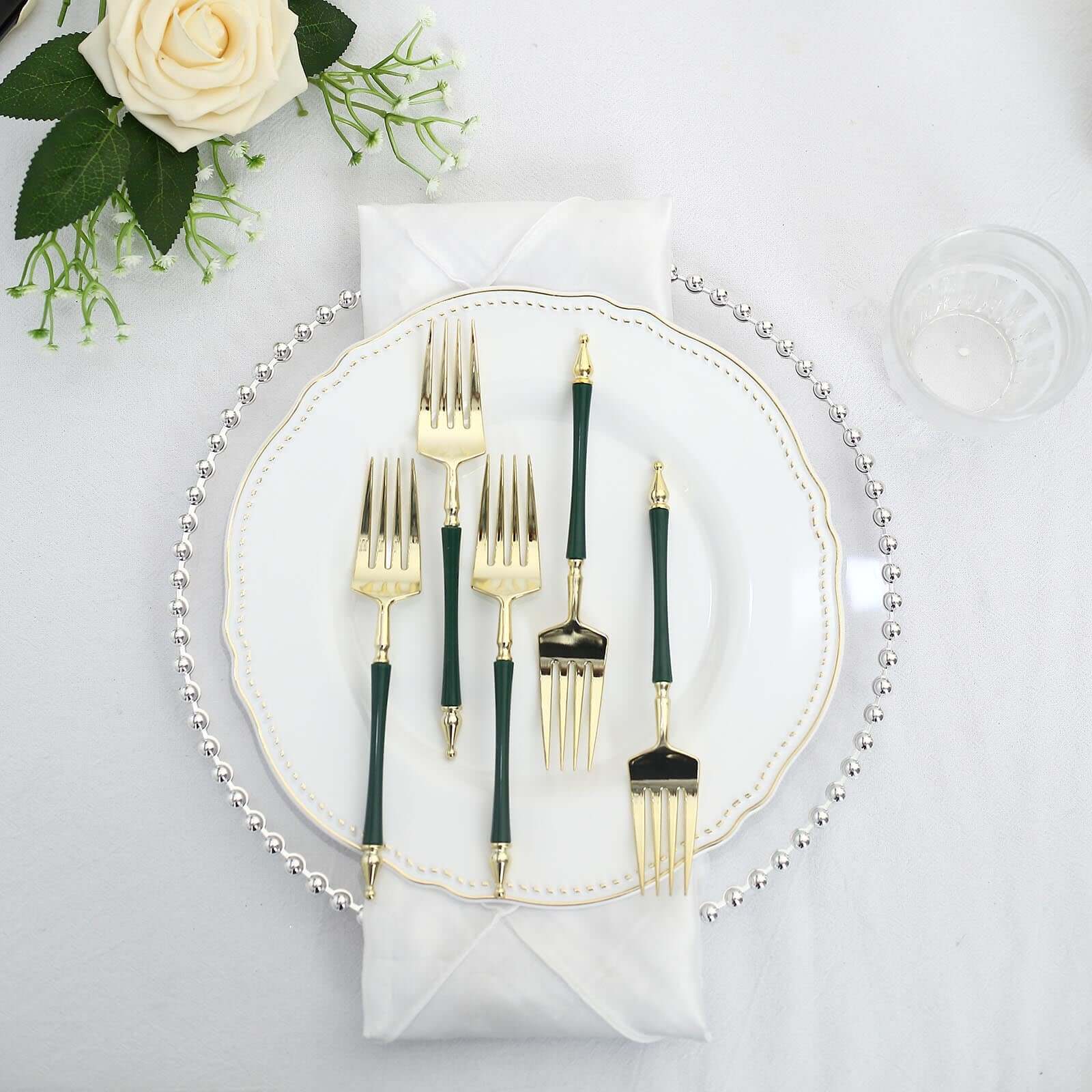 24-Pack 6" Gold & Hunter Emerald Green Plastic Dessert Forks with Roman Column Handles - European Style Disposable Utensils
