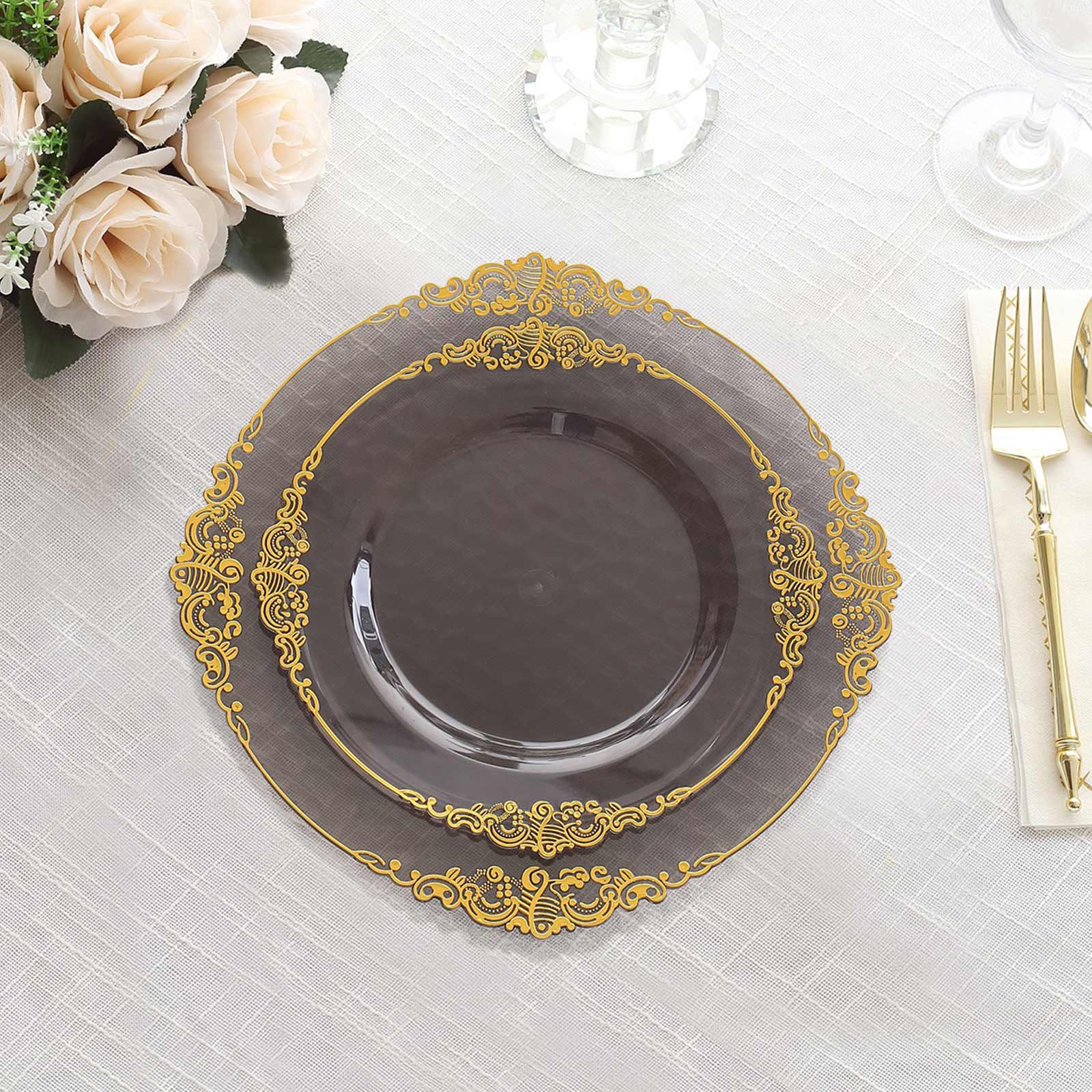 Hot Deal! 10-Pack Disposable 8-Inch Round Plastic Dessert Plates in Transparent Black with Gold Leaf Embossed Rim, Vintage Baroque Style