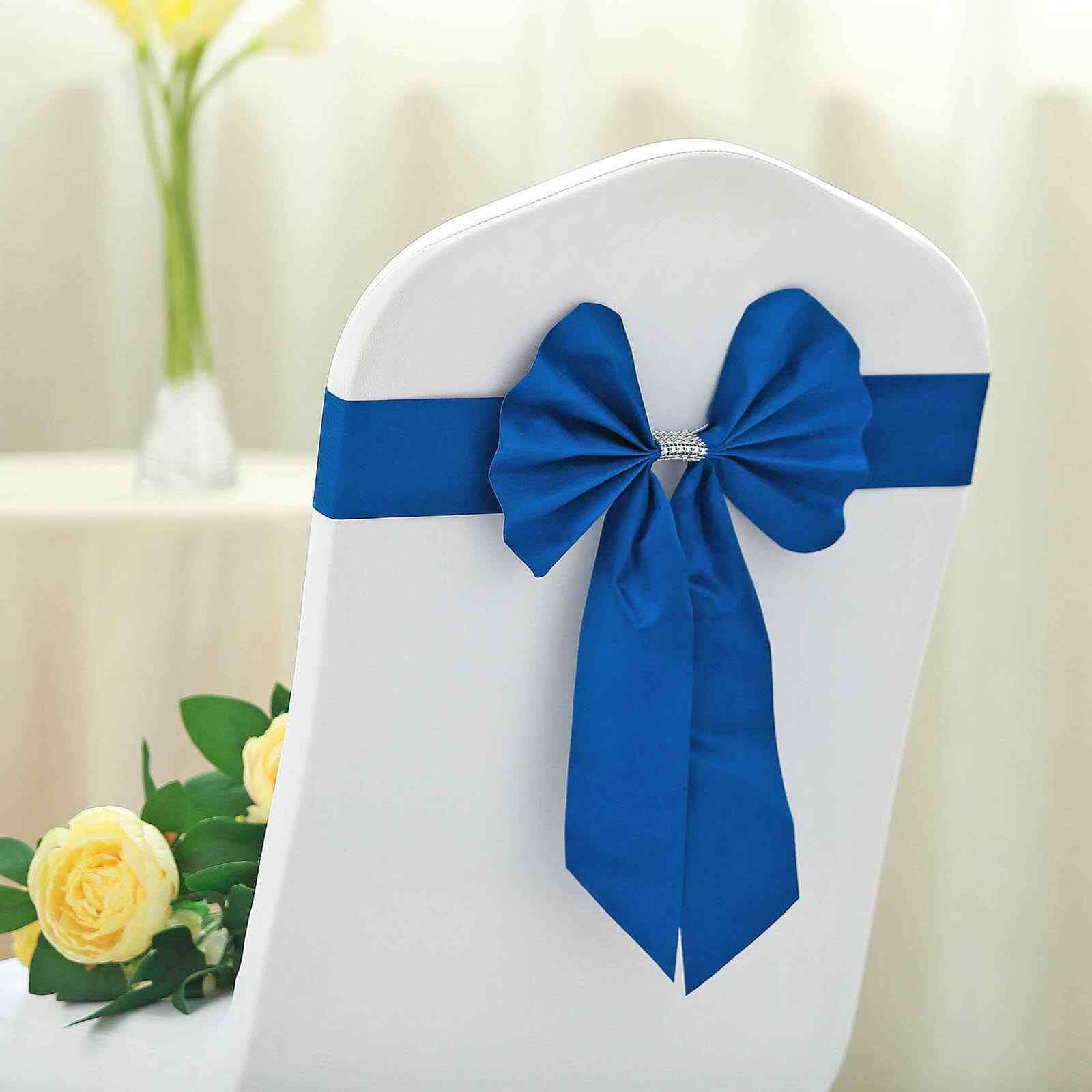 Hot Deal! 5-Pack Royal Blue Satin Faux Leather Chair Sashes with Diamond Rhinestone Buckles