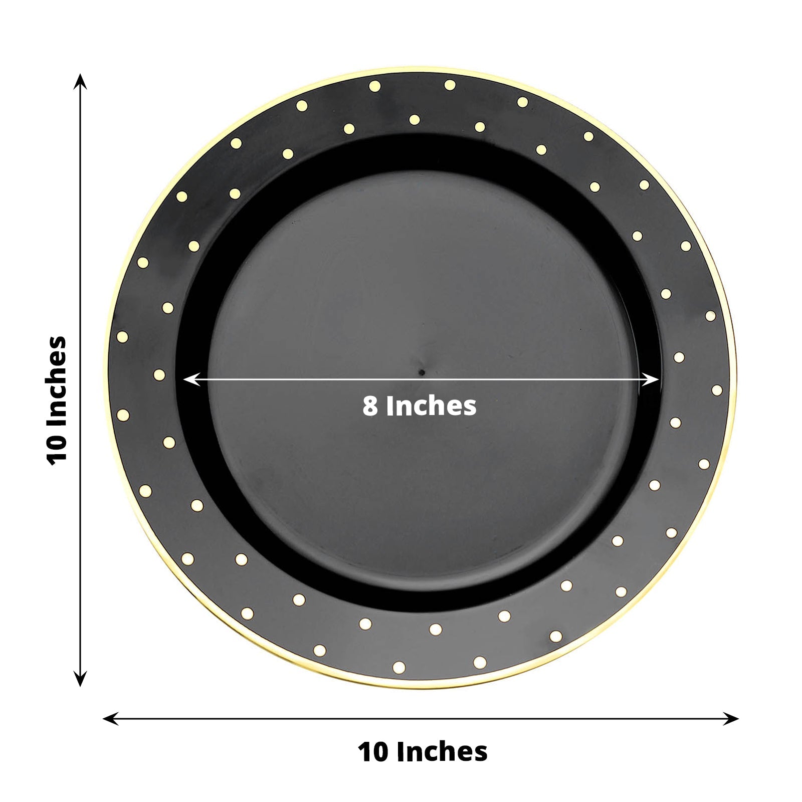 10-Pack Black Plastic Dinner Plates with Gold Dot Rim, Disposable and Sturdy