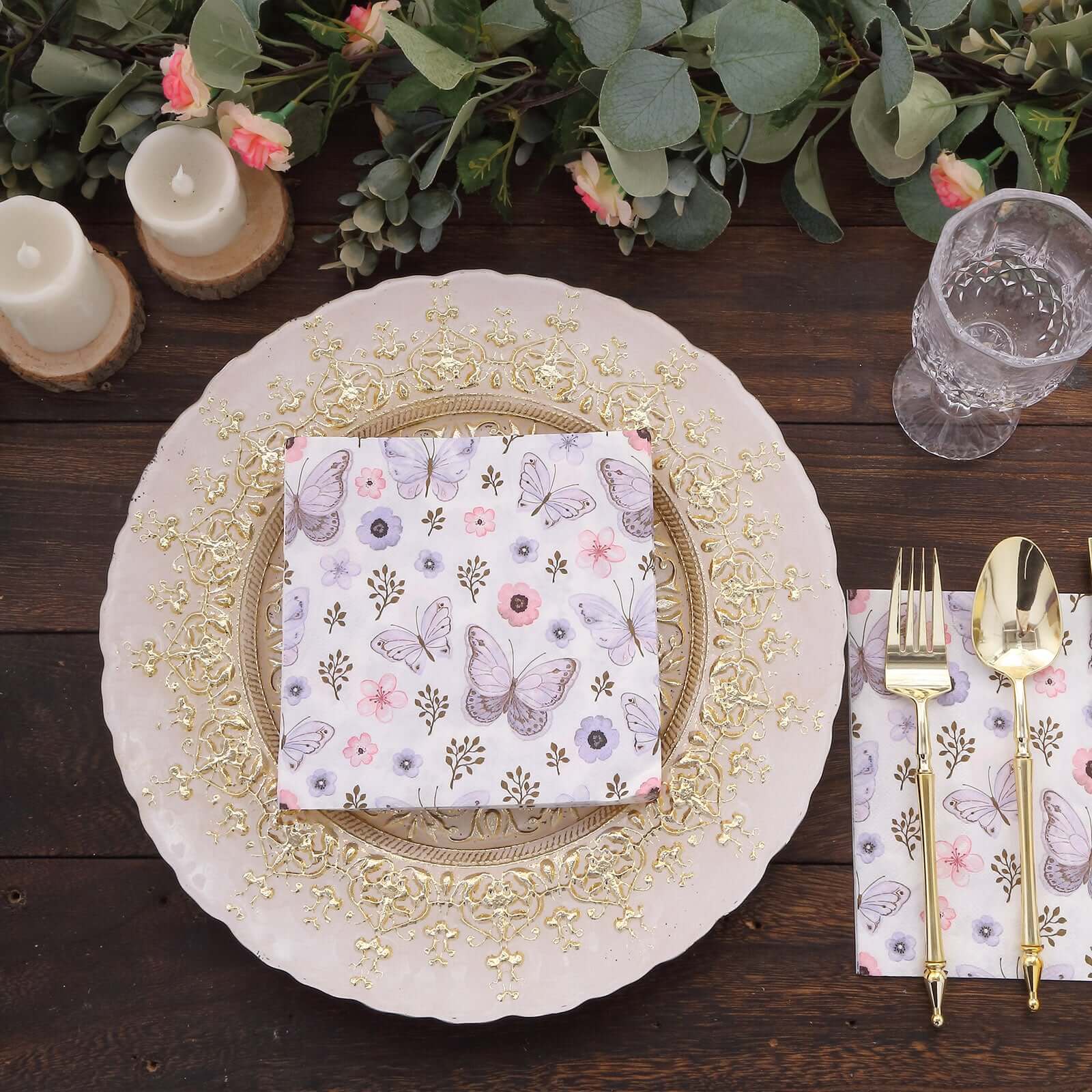 20-Pack 2-Ply Soft 18GSM Ivory Paper Beverage Napkins with Lavender Butterfly Floral Design for Garden Weddings