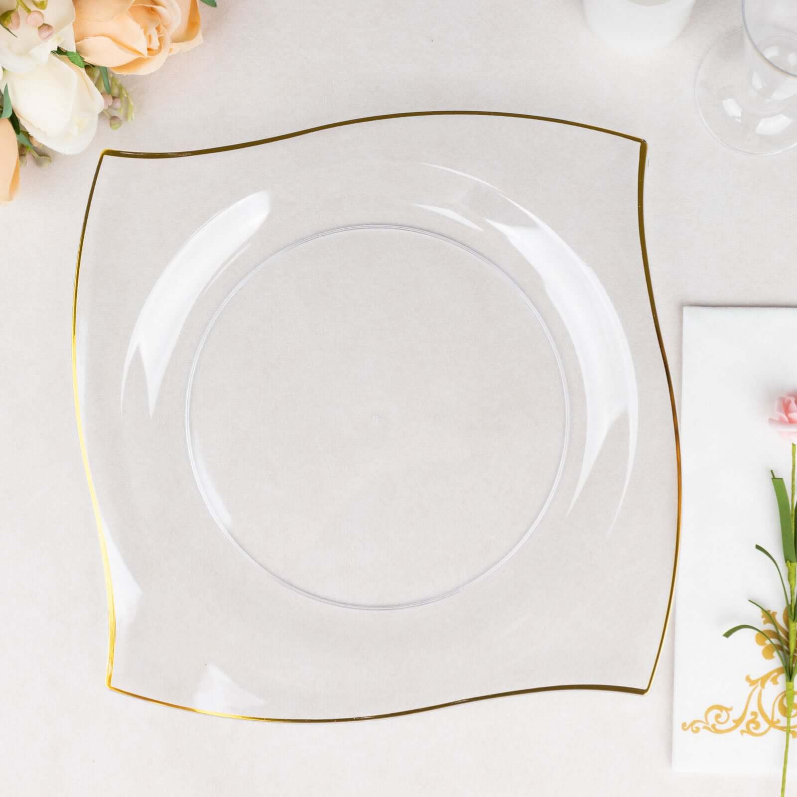 10-Pack Disposable Clear Plastic Square Dinner Plates with Gold Wavy Rim