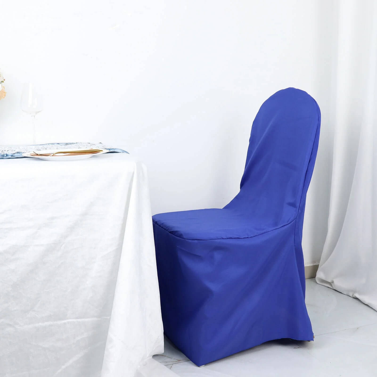 10-Pack Royal Blue Polyester Slip-On Chair Covers for Banquets - Stain & Wrinkle Resistant
