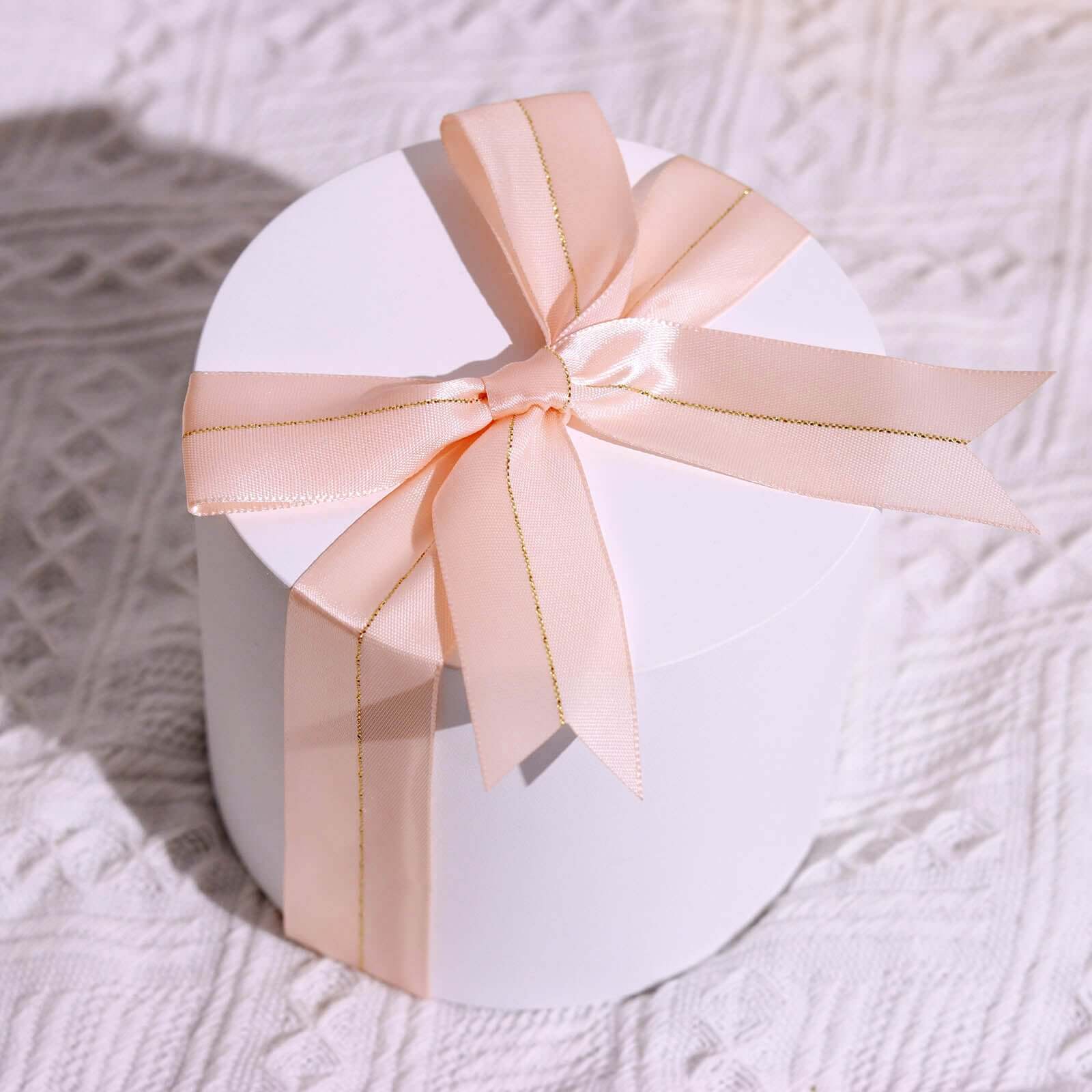 50 Pieces 10-Inch Blush Satin Pre-Tied Ribbon Bows with Gold Foil Lining for Party Decor