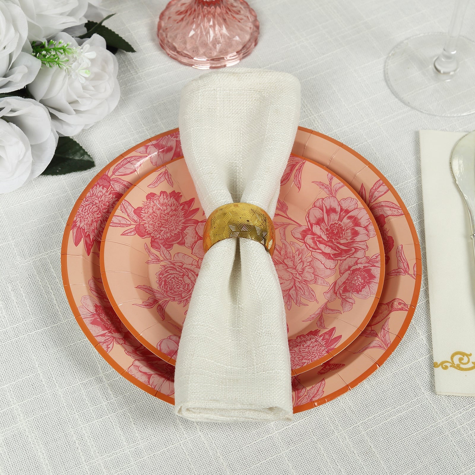 50-Piece Heavy-Duty Disposable Paper Party Plates in Dusty Rose Floral with Gold Rim, 7