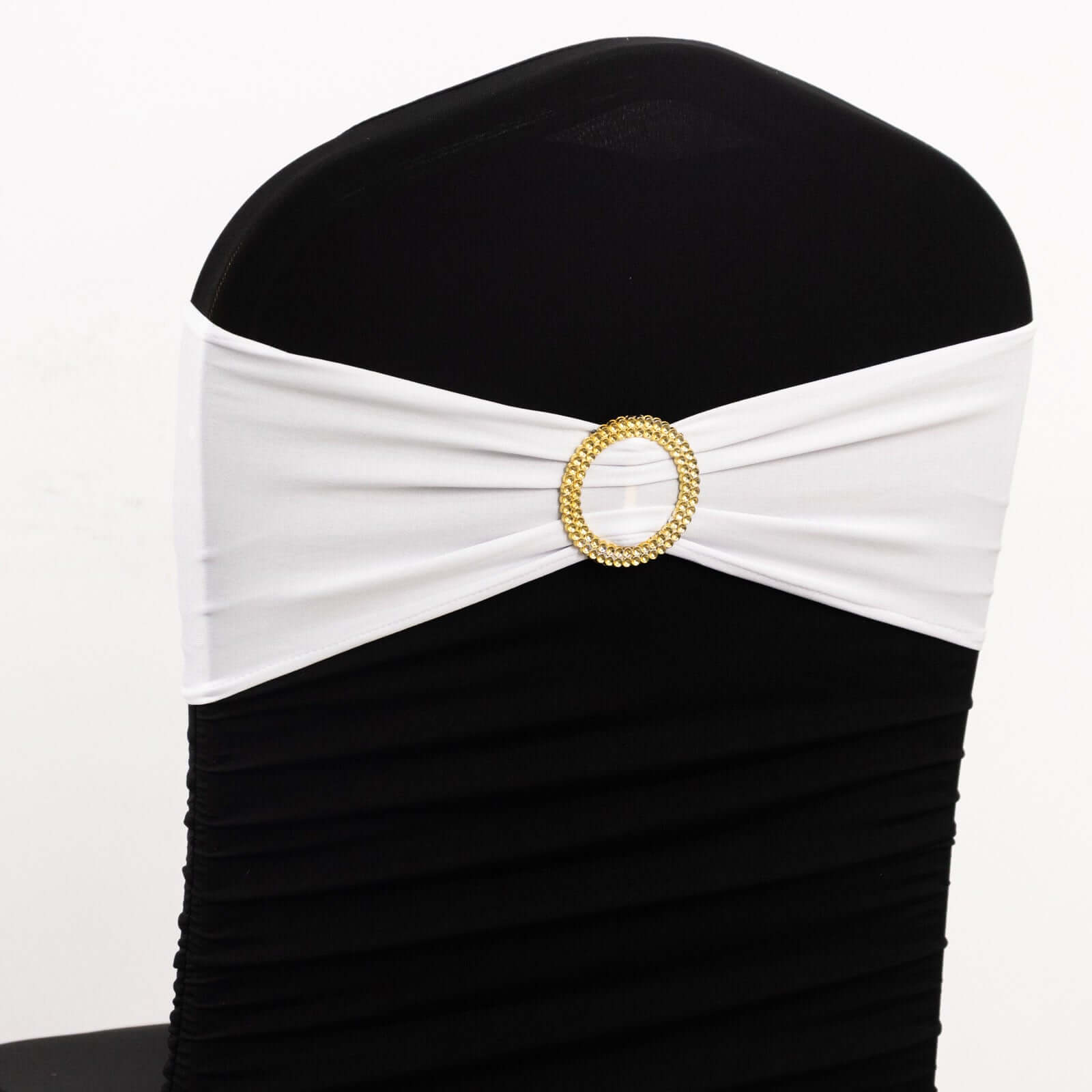 5-Piece Reusable White Spandex Chair Sashes with Gold Rhinestone Plastic Buckles for Weddings and Parties