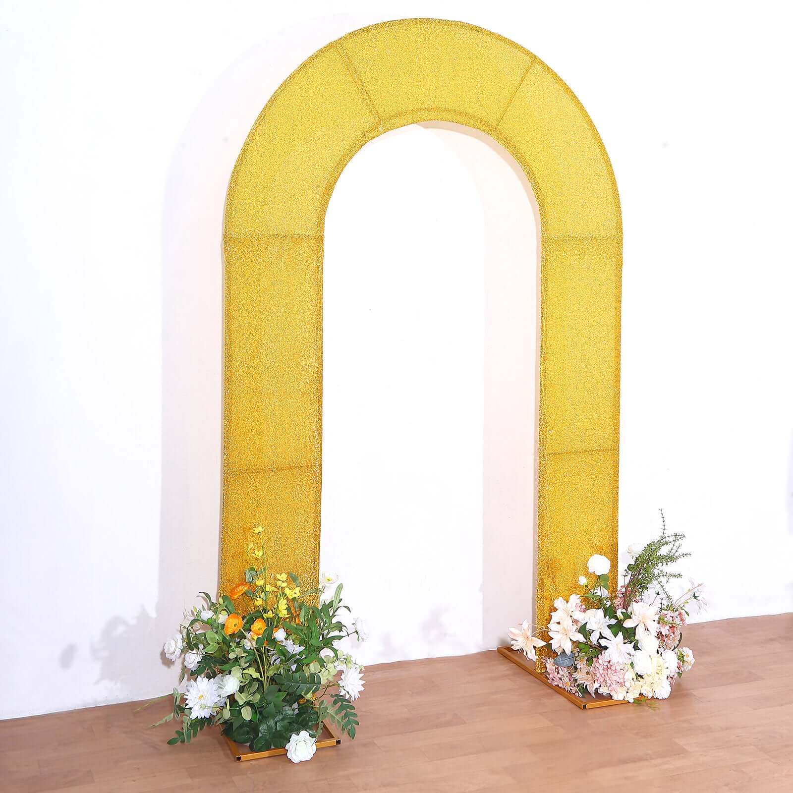 8ft Double-Sided Gold Shimmer Tinsel Spandex U-Shaped Wedding Arch Slipcover