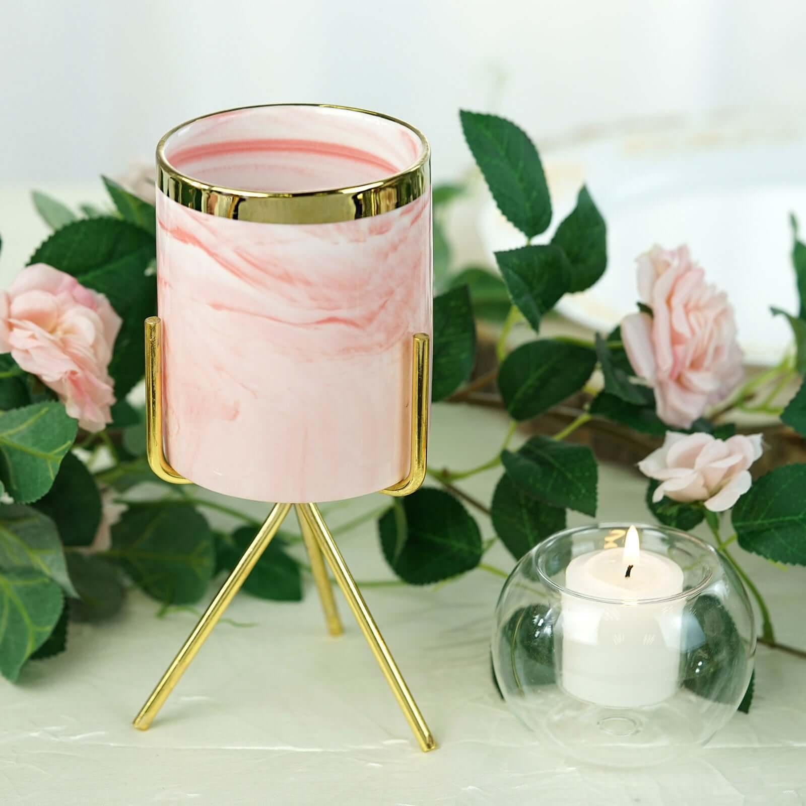 8-Inch Decorative Gold-Rimmed Pink Marble Ceramic Planter with Gold Metal Stand
