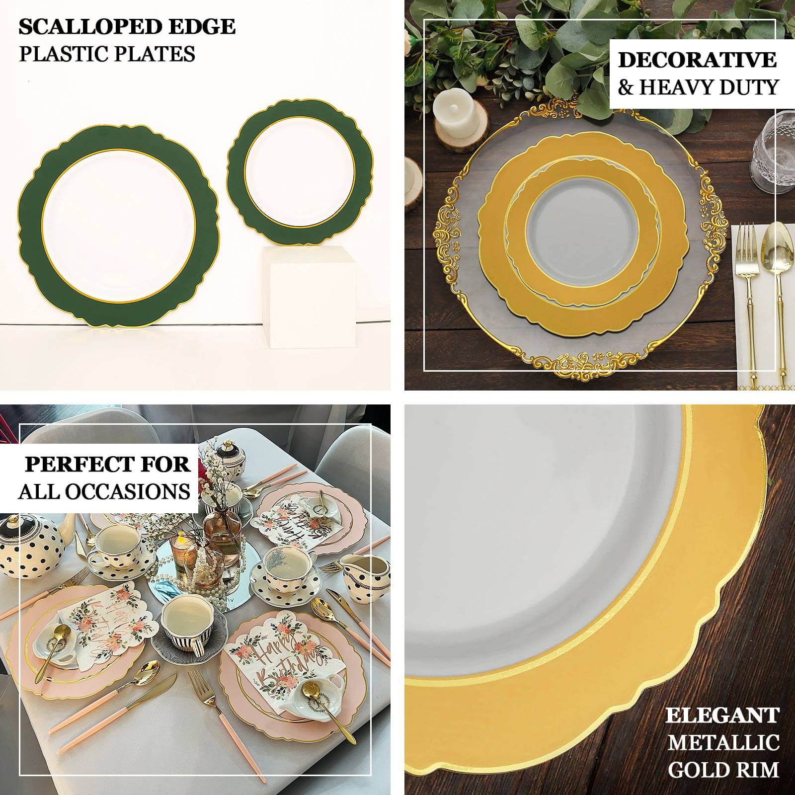 10-Pack Disposable White Plastic Dessert Plates with Gold Blossom & Edging for Elegant Table Decor