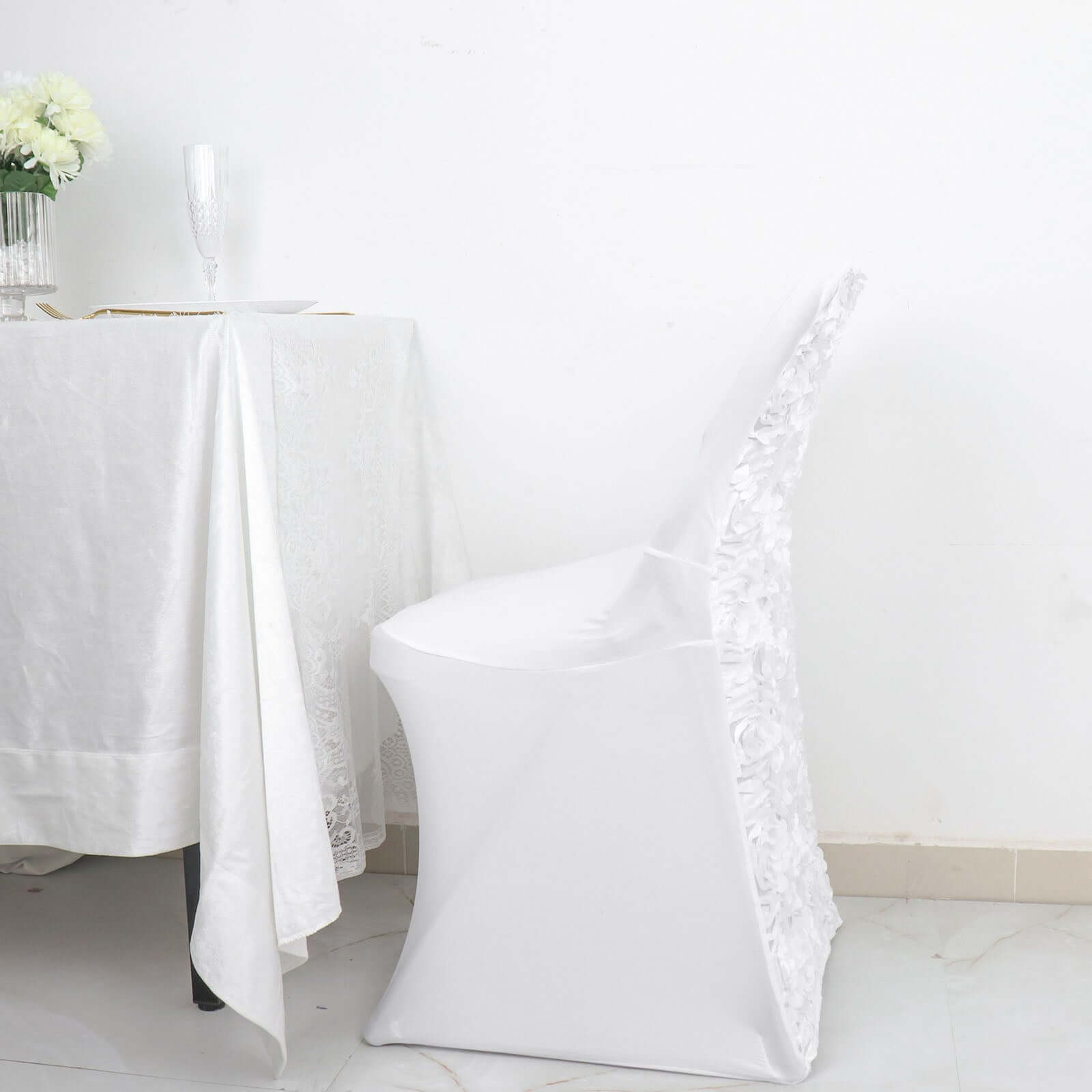Premium White Spandex Slipcover for Folding Chairs with Satin Rosette Design - Ideal for Classy Events