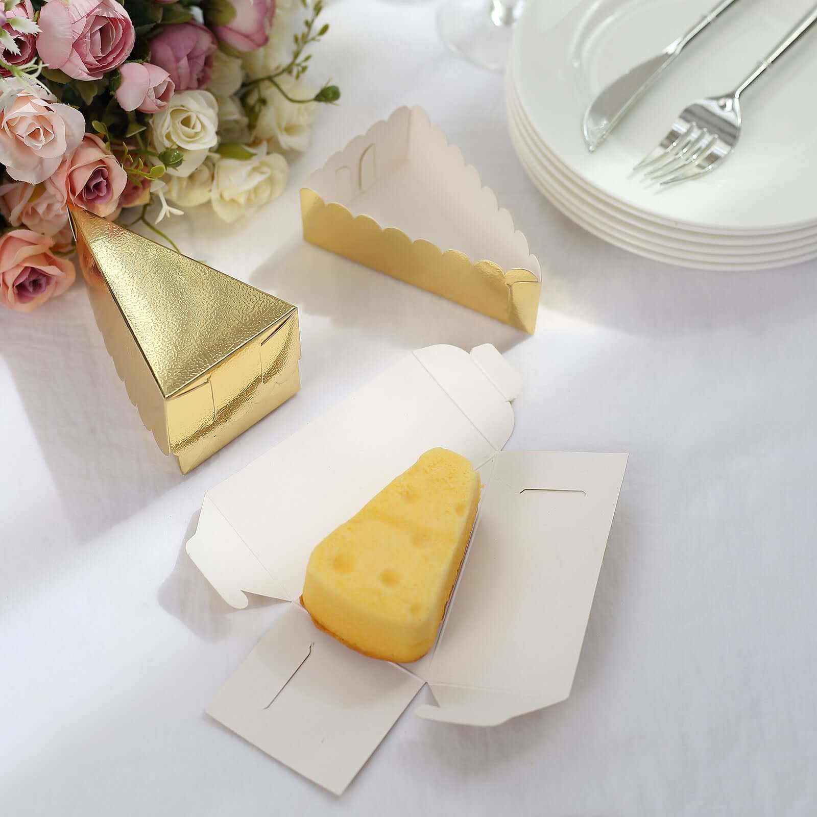 10-Pack Gold Scalloped Top Cardstock Cake Slice Boxes - Ideal for Party Favors & Snacks
