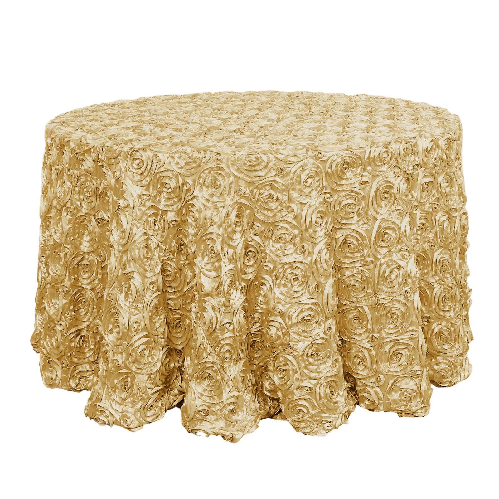 Champagne Satin 120-Inch Round Tablecloth with Stunning 3D Rosette and Seamless Finish