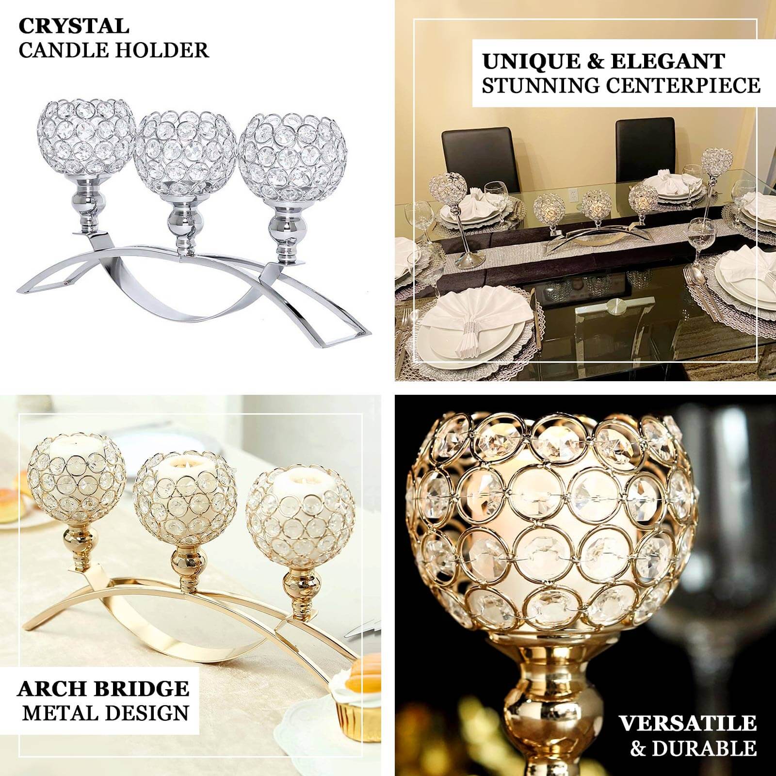 Chic Gold 3-Arm Arch Bridge Candelabra with Crystal Beads - Ideal Table Centerpiece for Events