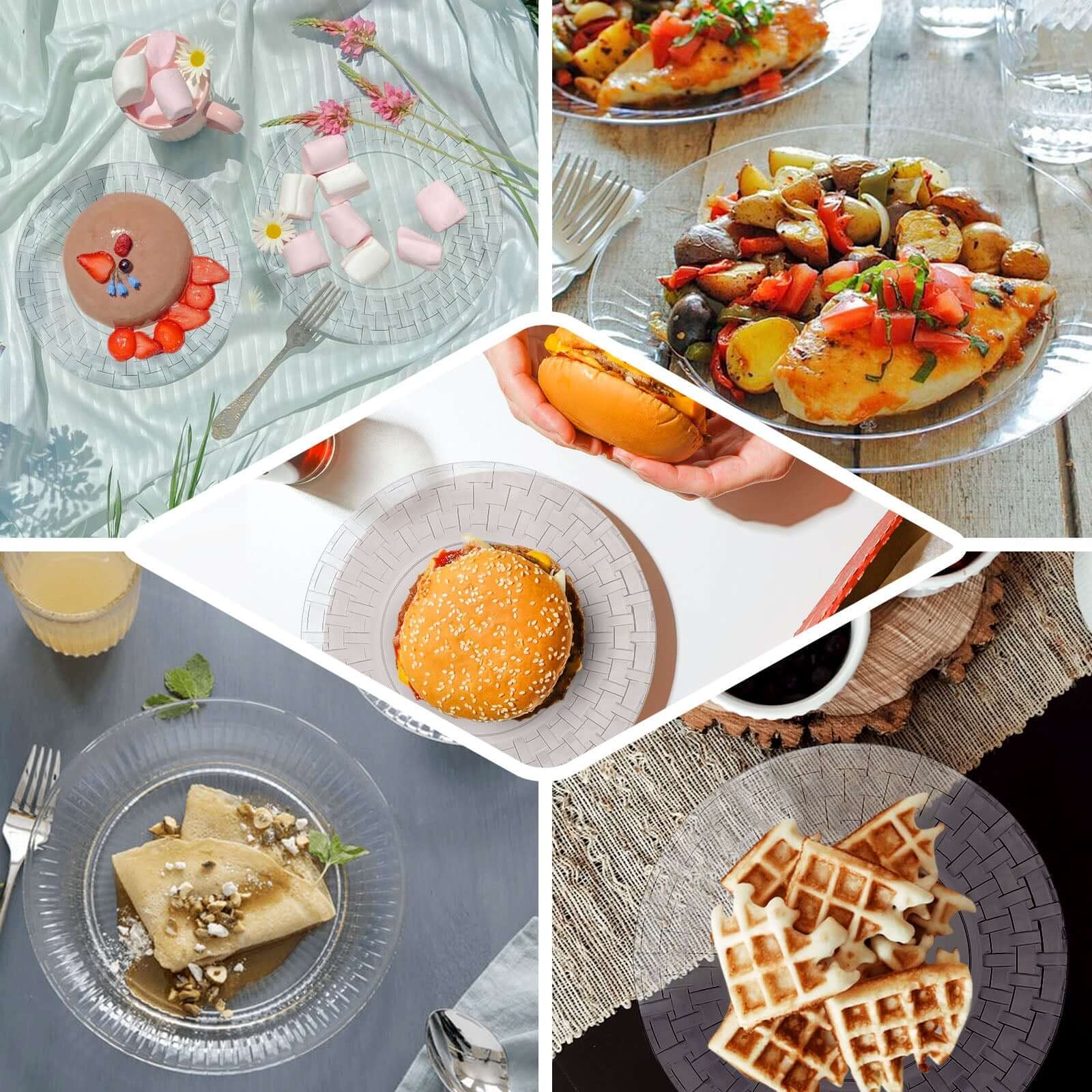 10-Piece Set of 7-Inch White Basketweave Rim Round Disposable Plastic Salad & Dessert Plates