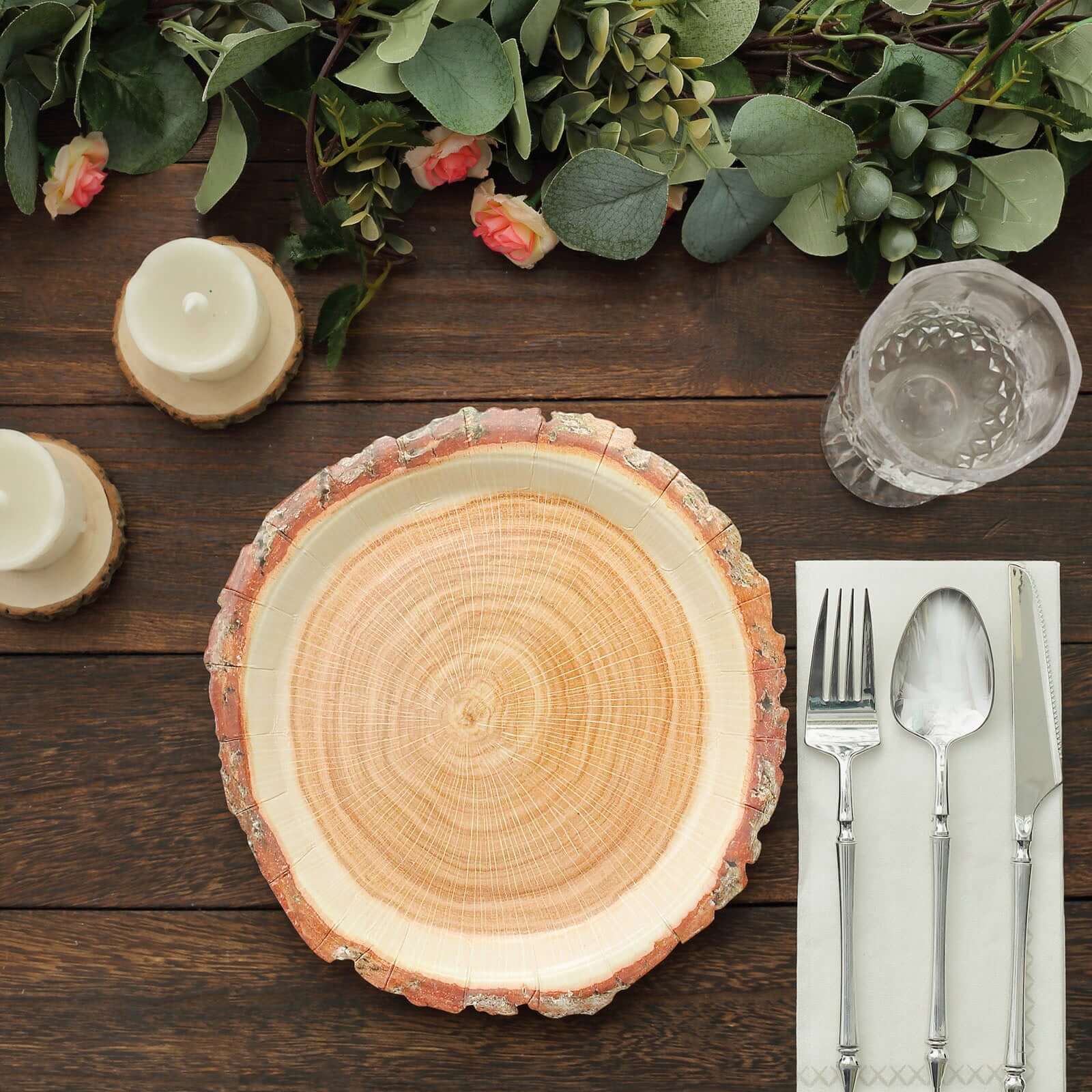 Get 25-Piece Set of Disposable Round Dinner Paper Plates with Rustic Natural Wood Slice Print