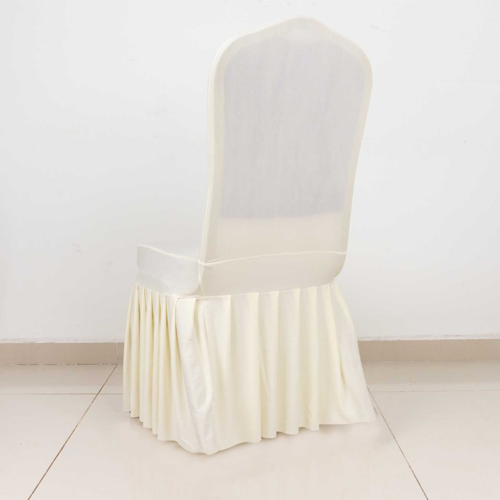 Ivory Spandex Chair Cover with Ruffle Pleated Skirt - 1-Piece Stretch Slipcover for Banquet Chairs