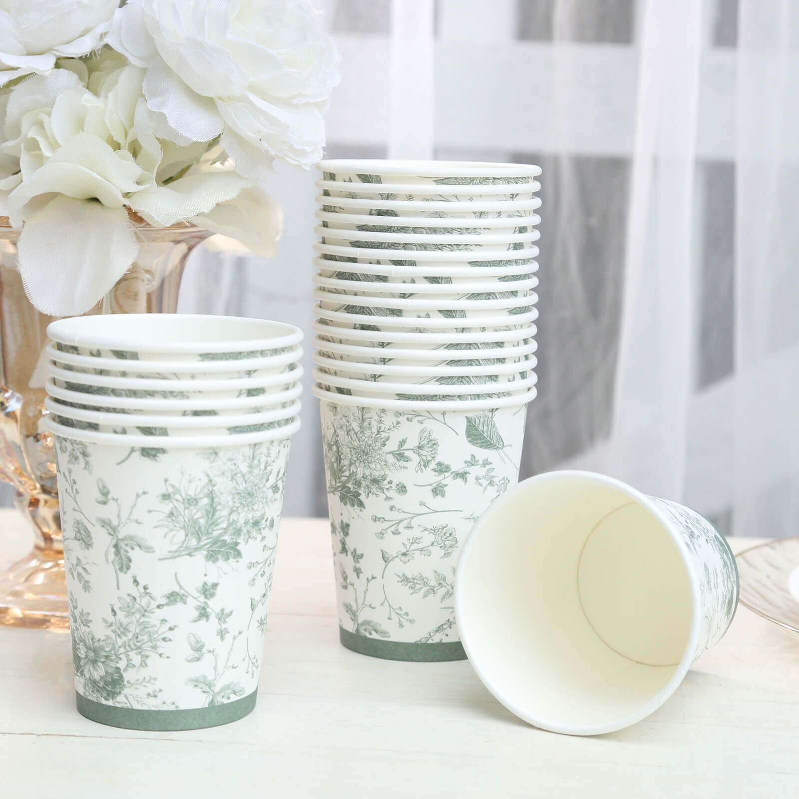 24-Piece 9oz Disposable Paper Party Cups in Elegant White & Sage Green French Toile Design