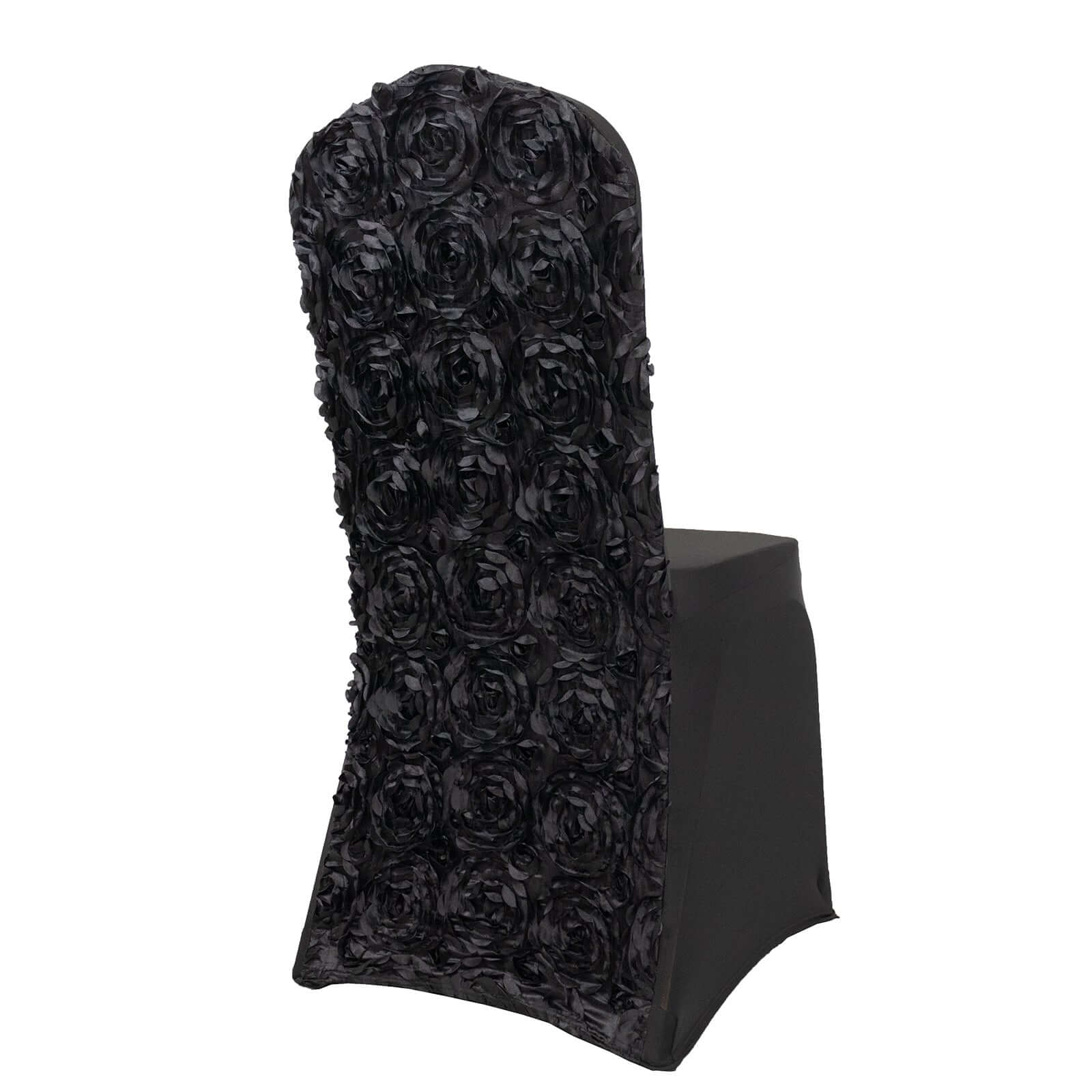 Black Stretch Fitted Satin Rosette Slip-On Cover for Banquet Chairs