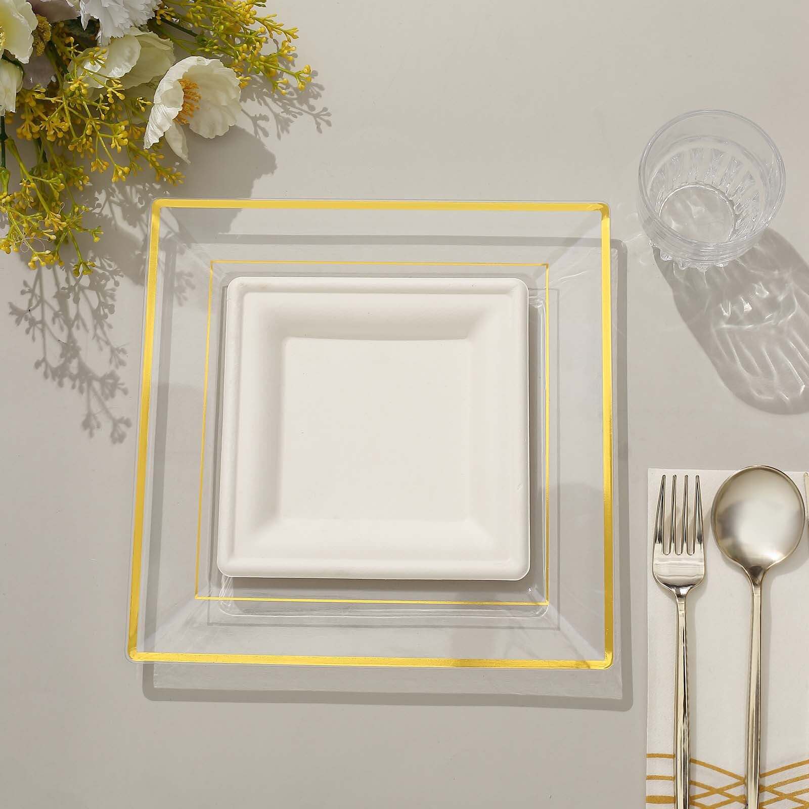10-Pack Gold Trim Clear Square Plastic Disposable Dinner Plates for Parties