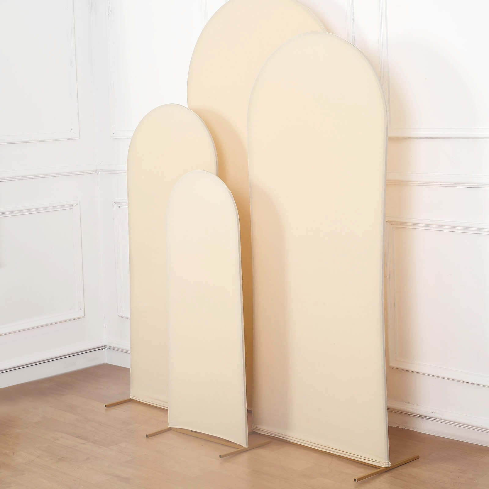 Hot Sale! Set of 4 Matte Beige Spandex Fitted Covers for Round Top Chiara Wedding Arch Stands in 4 Sizes