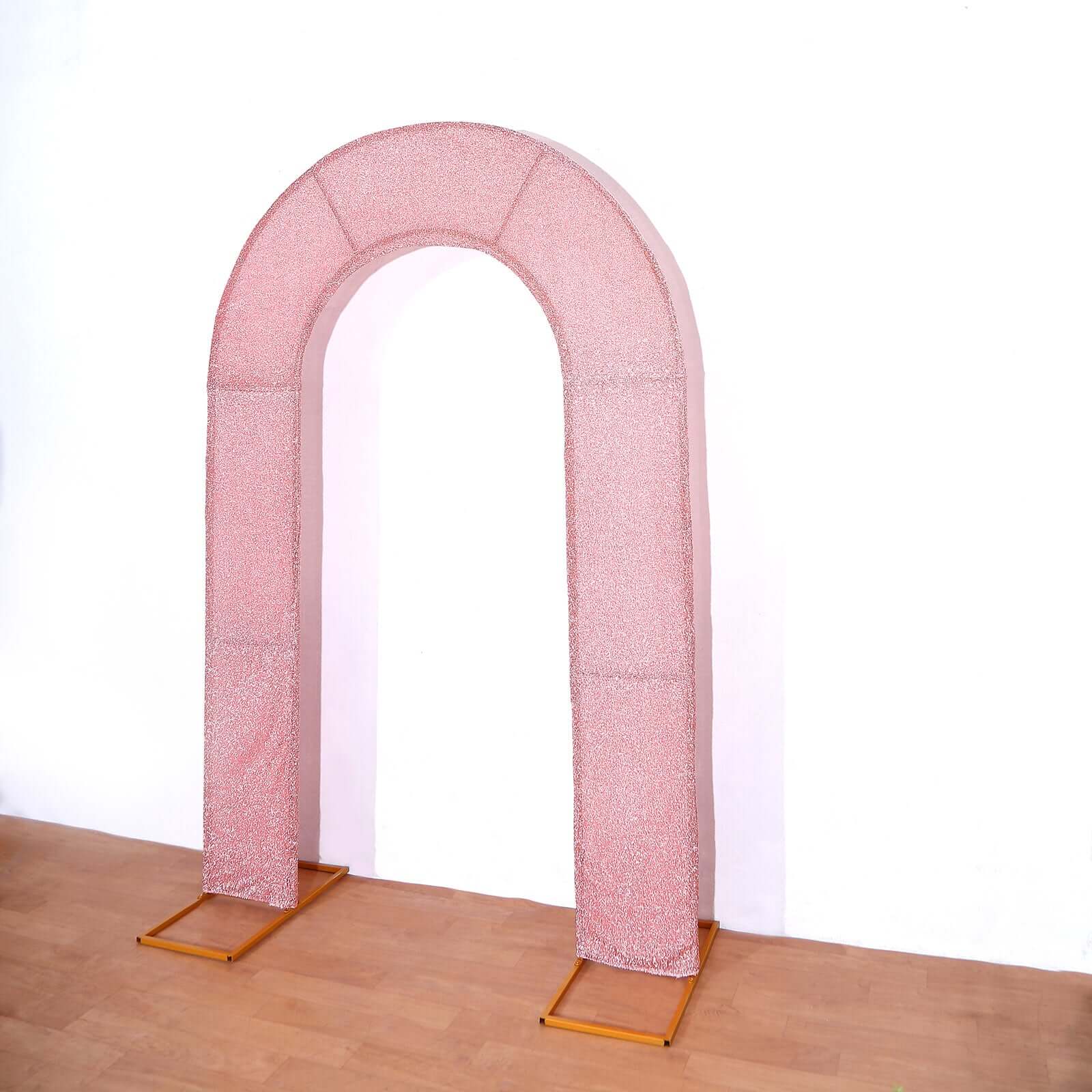 Premium 8ft Rose Gold Shimmer Tinsel Spandex U-Shaped Wedding Arch Slipcover - Ideal for Events