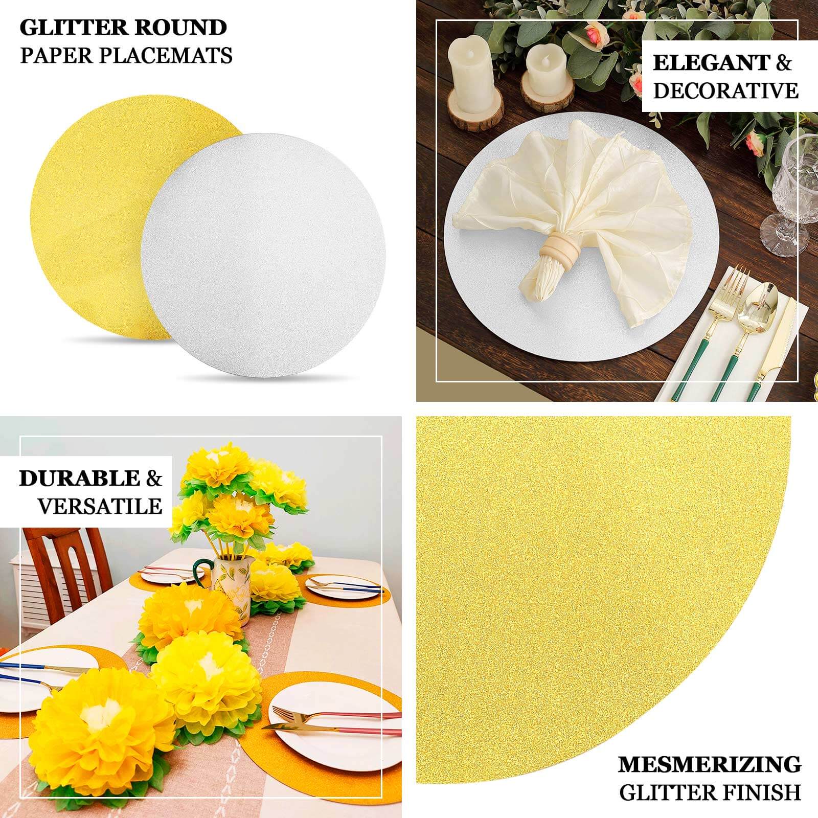 20-Piece Set of Disposable Gold Glitter Paper Placemats - 210GSM, 13" for Elegant Events