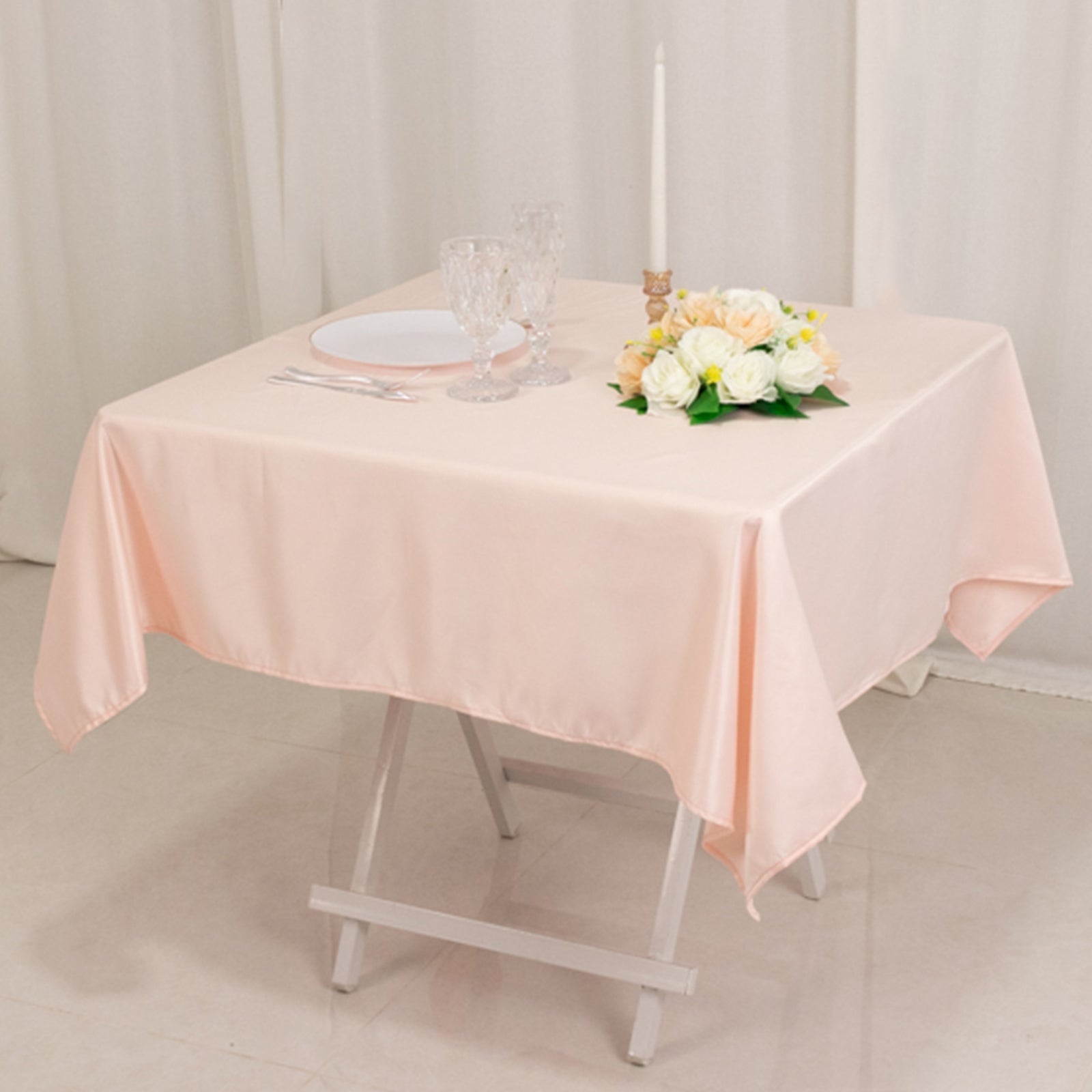 Blush Lamour Satin 54x54 Square Table Overlay - Durable & Silk - like Table Cover, Ideal for Events