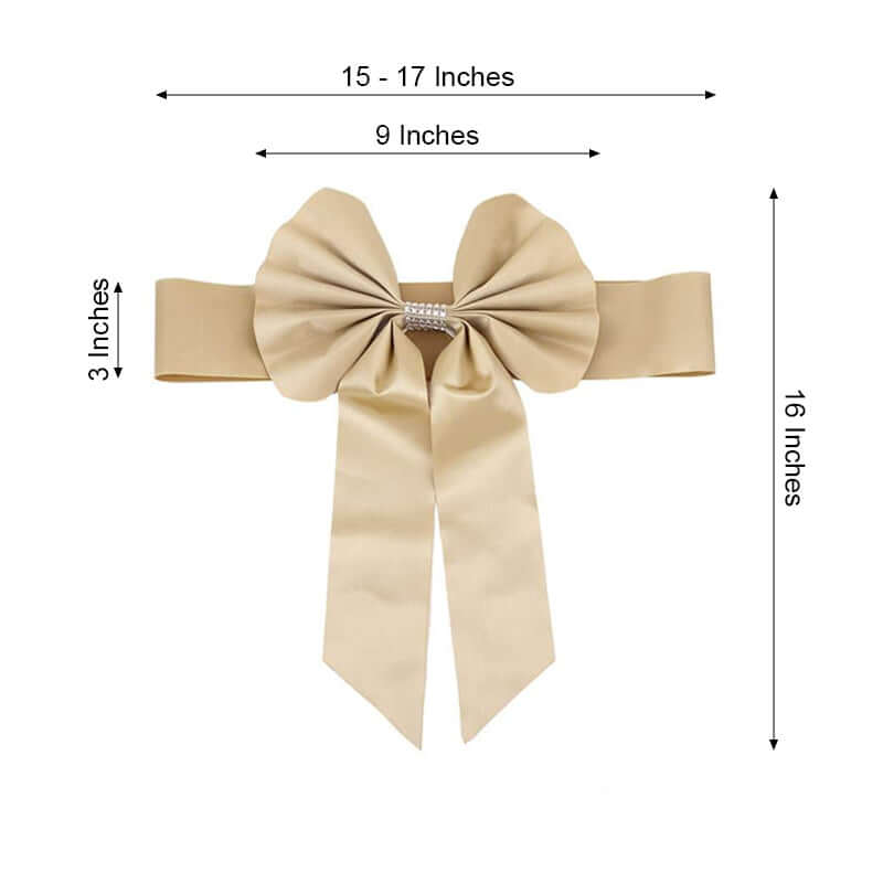 Set of 5 Durable Double-Sided Champagne Satin Faux Leather Chair Sashes with Diamond Rhinestone Buckles