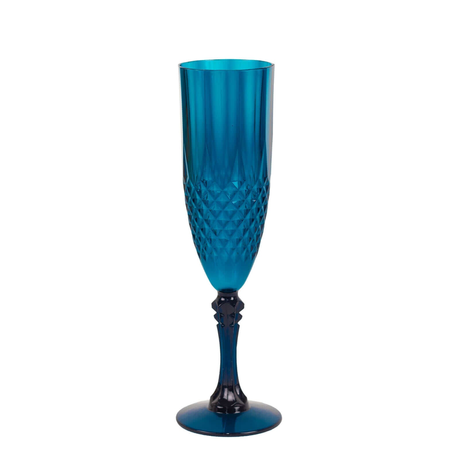 6-Piece Set of Reusable Navy Blue 8oz Plastic Champagne Toast Flutes with Crystal Cut Design