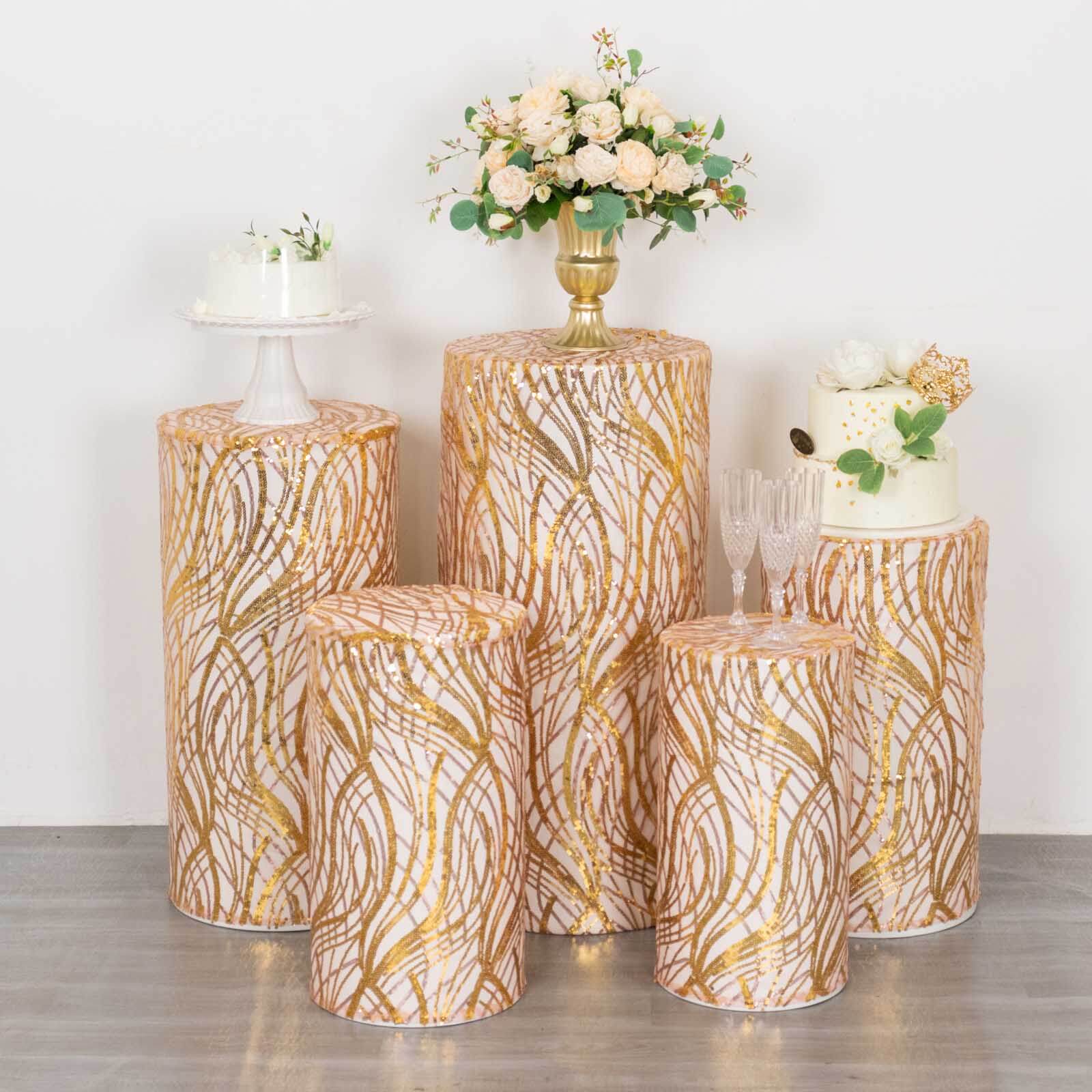 Set of 5 Rose Gold and Gold Sparkly Wave Sequin Mesh Cylinder Pedestal Stand Covers