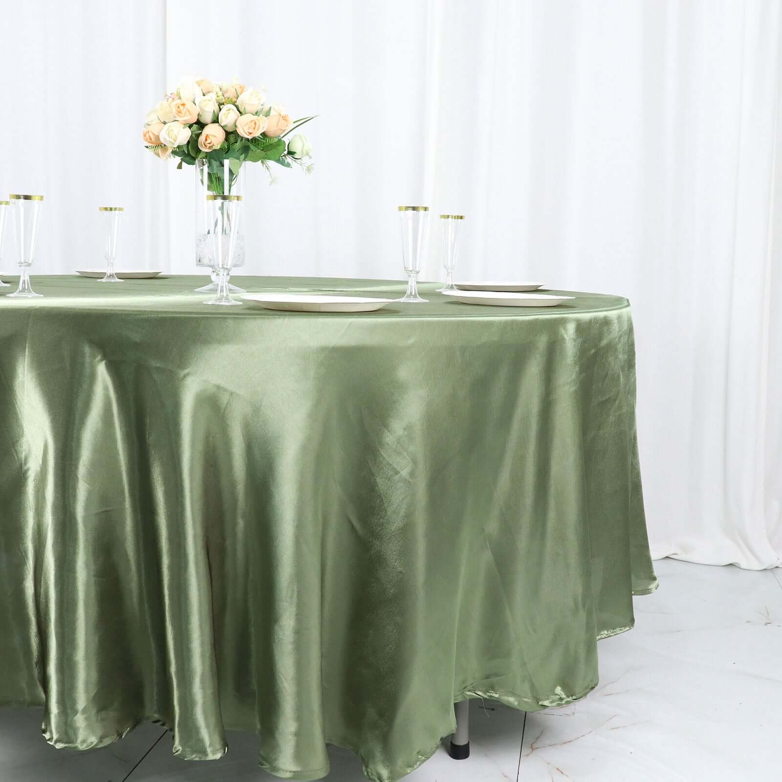 Lustrous Dusty Sage Green Satin Round Tablecloth, 108-Inch Diameter