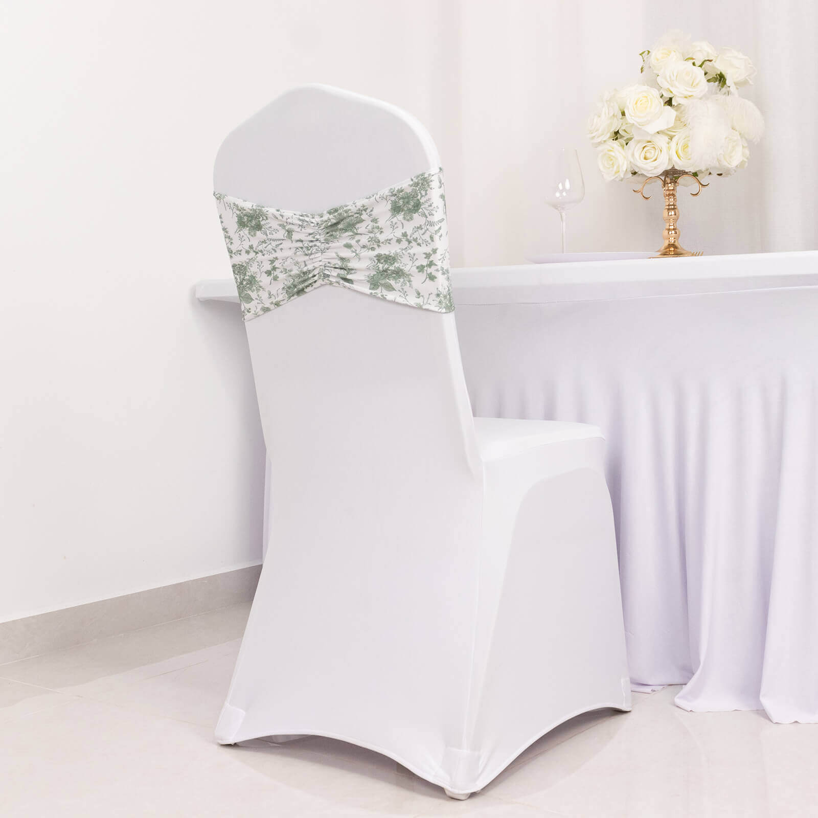 Hot Deal! 5-Pack Wrinkle-Free Spandex Chair Sashes in White and Dusty Sage Green with French Toile Floral Pattern
